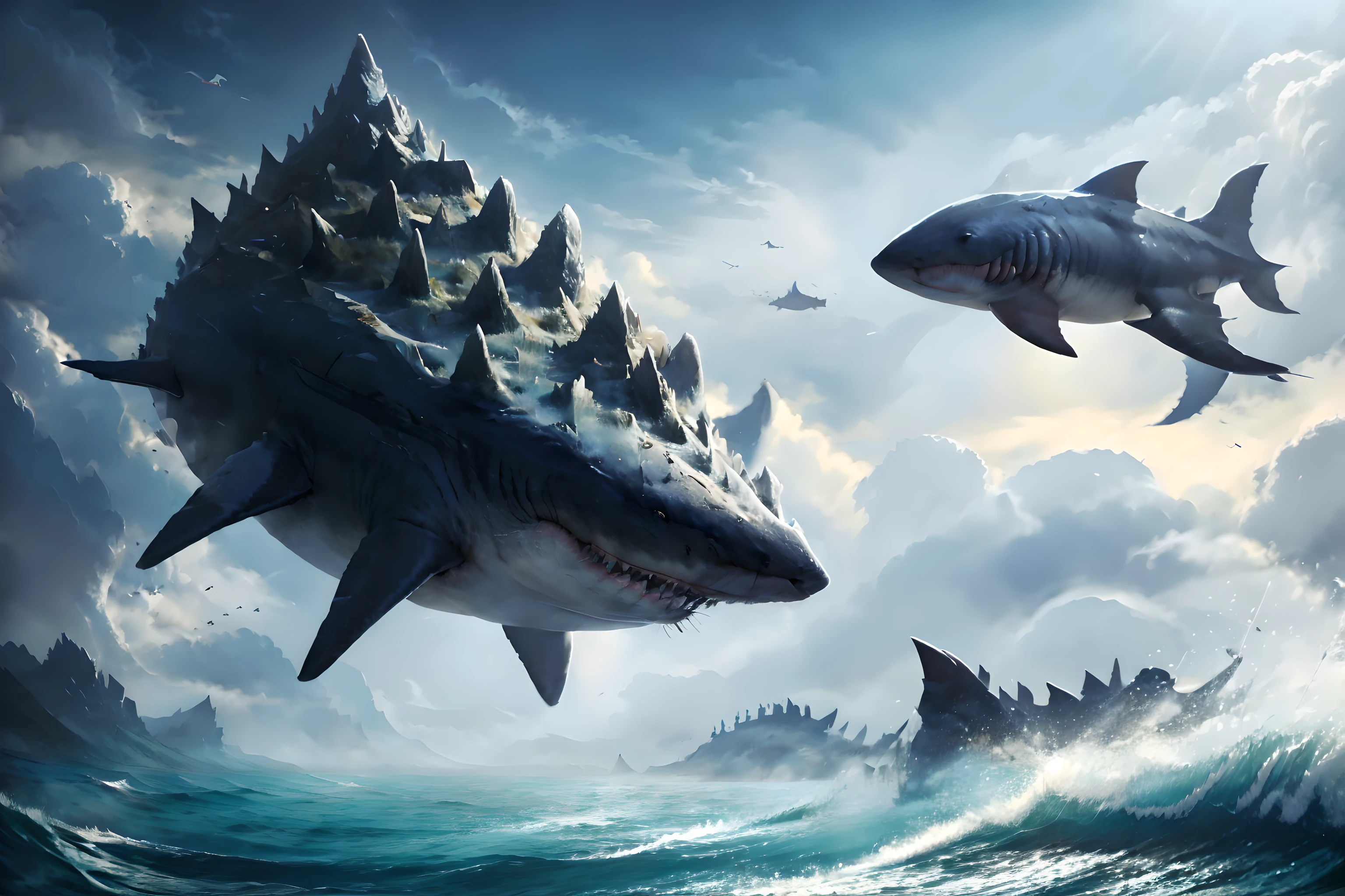shanhai,no humans,(cloud:1.3),scenery,(sky:1.3),monster,outdoors,fantasy,floating island,cloudy sky,shark,<lora:shanhai_20240210174002:0.8>,(flying:1.4),