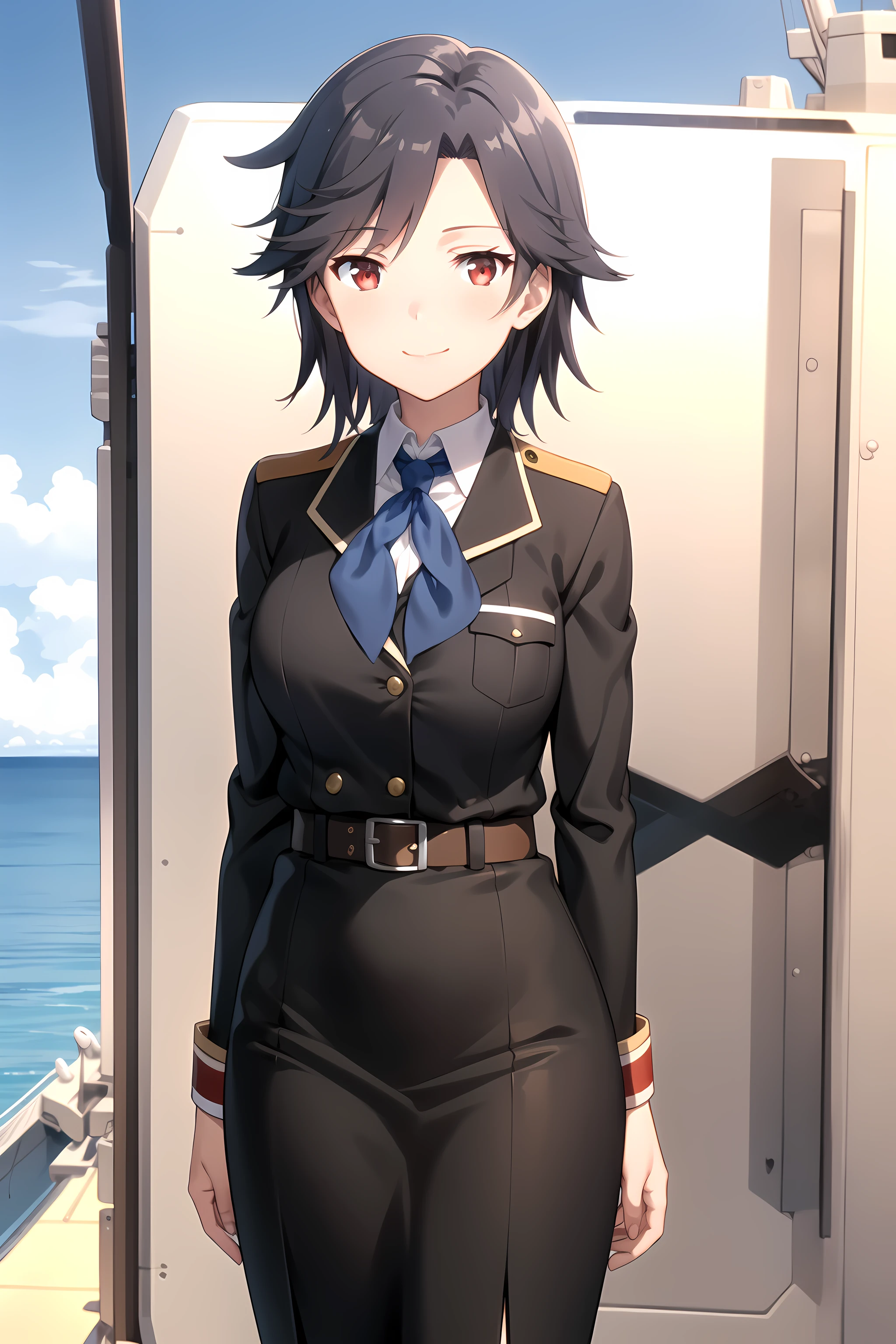 best quality, masterpiece, detailed,
<lora:HighSchoolFleet_MunetaniMayuki:0.9>, MunetaniMayuki,
1girl, closed mouth, light smile,
brown hair, red eyes, short hair, mature,
military uniform, brown jacket, breast pocket, blue necktie, belt, pencil skirt,
standing, looking at viewer,
outdoors, ocean, (ship, military vehicle:1.2)