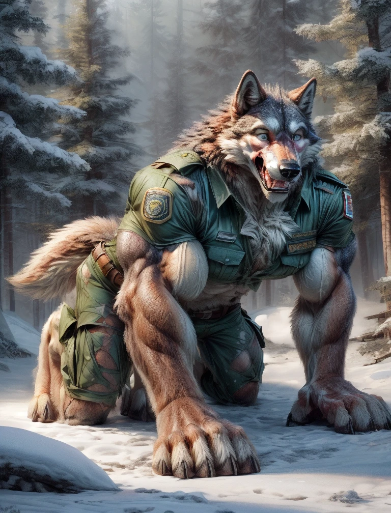 A human army officer (((((partially transformed))))) into an (anthro muscle wolf) in a snow forest camp.  (((human legs))), ((human feet)), (shocked expression), (ripped clothing), ((park ranger uniform)), broad shoulders, big biceps, big pecs, big thighs, (((big feet))), (detailed wolf face), male focus, detailed eyes, high quality, best quality, concept art, photorealistic <lora:nj5furry:0.8>  <lora:more_details:0.8> <lora:Mid_TF_Furry:1> (((midtransformation))), ((on all fours))