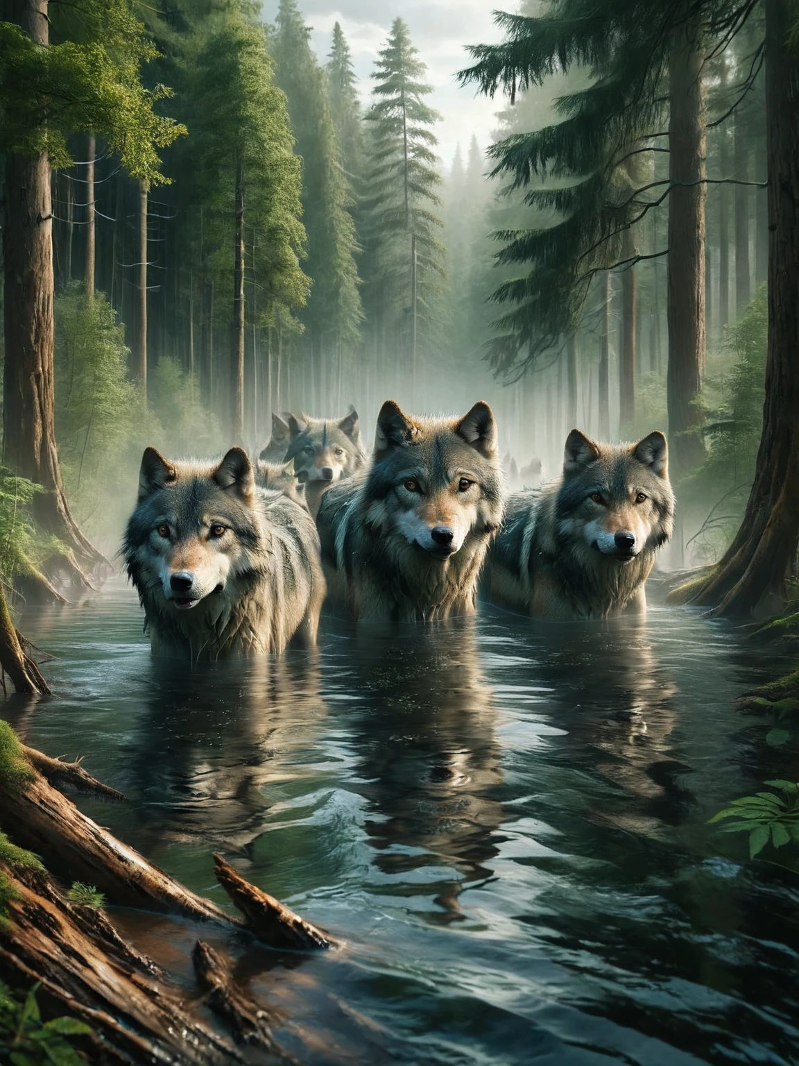 ais-fld a wolf pack moving through a forest <lora:Flooded_SDXL:1>