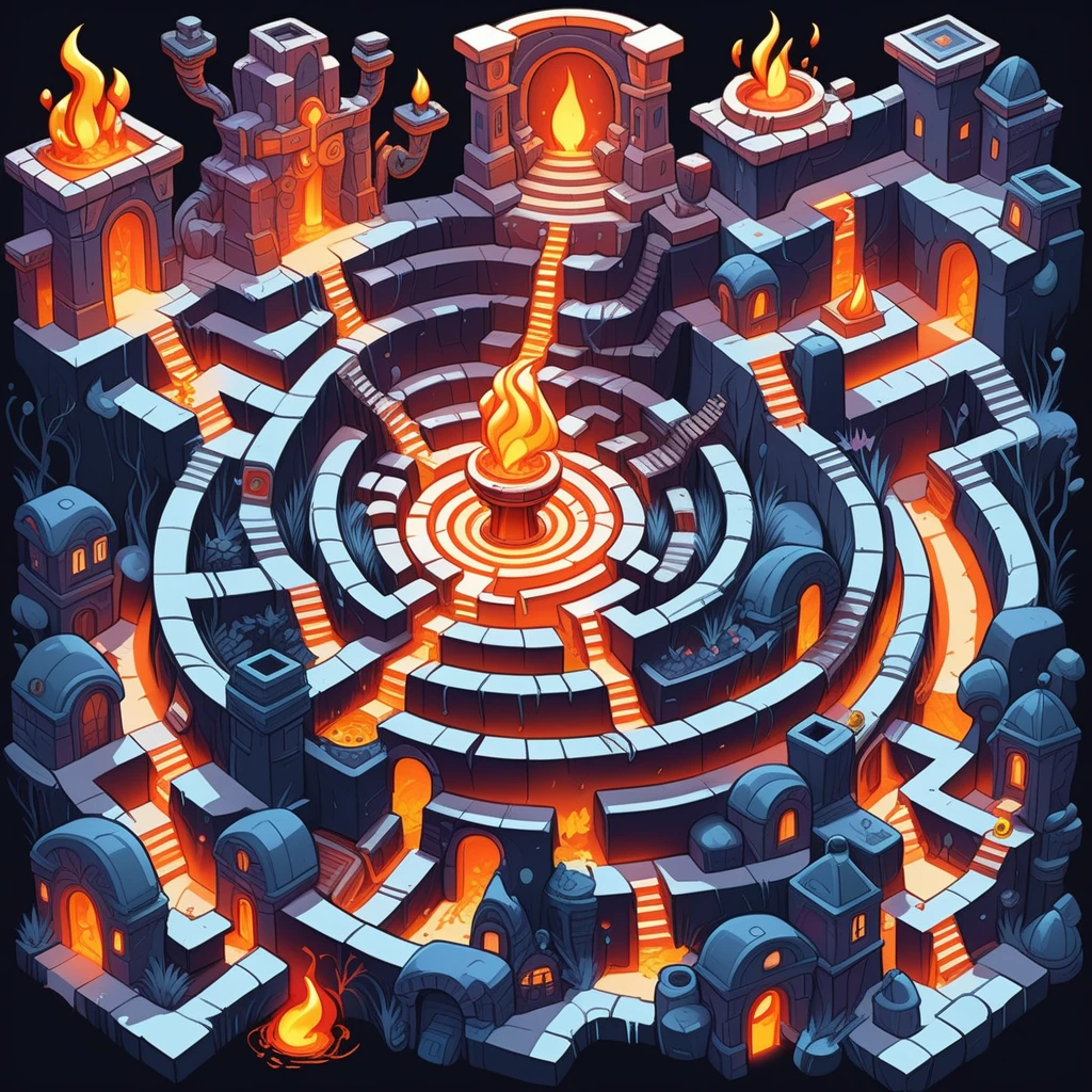 Create a cartoon-style labyrinth with an infernal theme, featuring twisting, fiery paths enclosed by towering, brimstone walls. The maze is filled with cartoonish, yet menacing creatures, traps that spew cartoon flames, and puzzles that challenge the bravest adventurers. The color palette is vibrant, with reds, oranges, and yellows dominating, contrasting with dark, ominous shadows. The overall atmosphere, while infernal, retains a playful and whimsical tone, inviting exploration and adventure through its fiendishly clever design. <lora:maze:0.65>