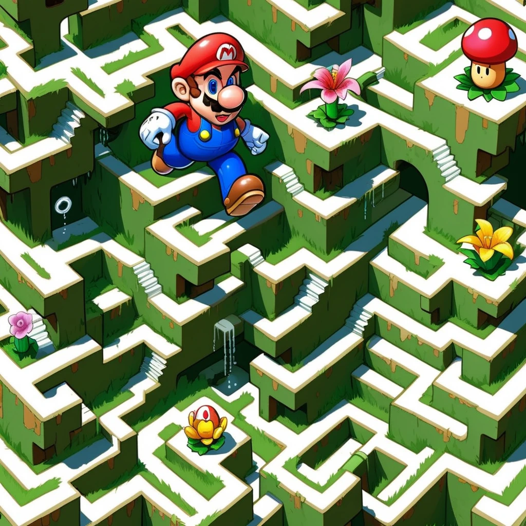 Create a cartoon-style image featuring a maze inspired by the Super Mario universe. The labyrinth should be vibrant and filled with recognizable elements such as question blocks, pipes, coins, and Goombas. Mario himself should be navigating the maze, with his iconic red hat and blue overalls, jumping over obstacles or using power-ups. The background should be a cheerful, sunny sky with floating platforms and the occasional Piranha Plant emerging from a pipe. Emphasize the playful and whimsical nature of the Mario games in every detail of the maze,<lora:maze:0.75>