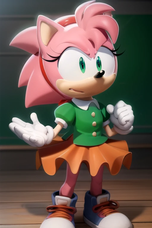 <lora:AmyRoseC:1> Classic Amy, sonic \(series\), 1girl, solo,  short hair, bangs, skirt,  shirt, gloves, animal ears, closed mouth, green eyes, standing, full body, pink hair, short sleeves, hairband, shoes, socks, puffy sleeves, collared shirt, white gloves, flat chest, puffy short sleeves, furry, green shirt, furry female, red hairband, body fur, orange skirt, animal nose, two-tone fur, pink fur, (masterpiece:1.2), best quality, high resolution, unity 8k wallpaper, (illustration:0.8), (beautiful detailed eyes:1.6), extremely detailed face, perfect lighting, extremely detailed CG, (perfect hands, perfect anatomy),