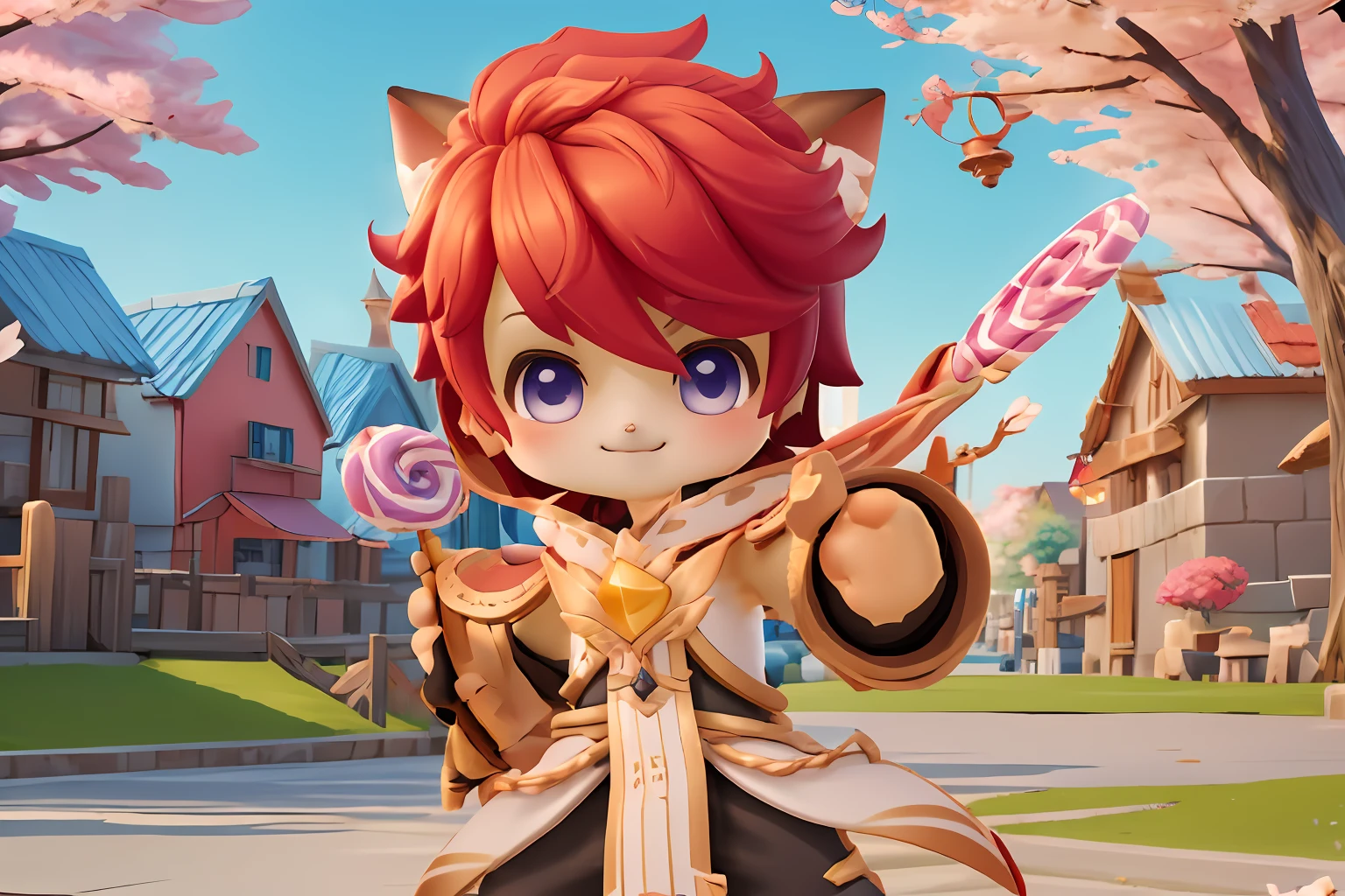 chibi, masterpiece, best quality, ultra-detailed, 1boy, solo, red hair,  ragnarok_doram_m, smile, holding candy, holding lollipop,  cowboy shot, looking at viewer,  cherry blossoms, Golden hour gleam theme, vivid colors, tranquil and magical atmosphere, cartoon rendering,
<lora:ragnarok_doram_m-10:0.8> <lora:add_detail:0.5>