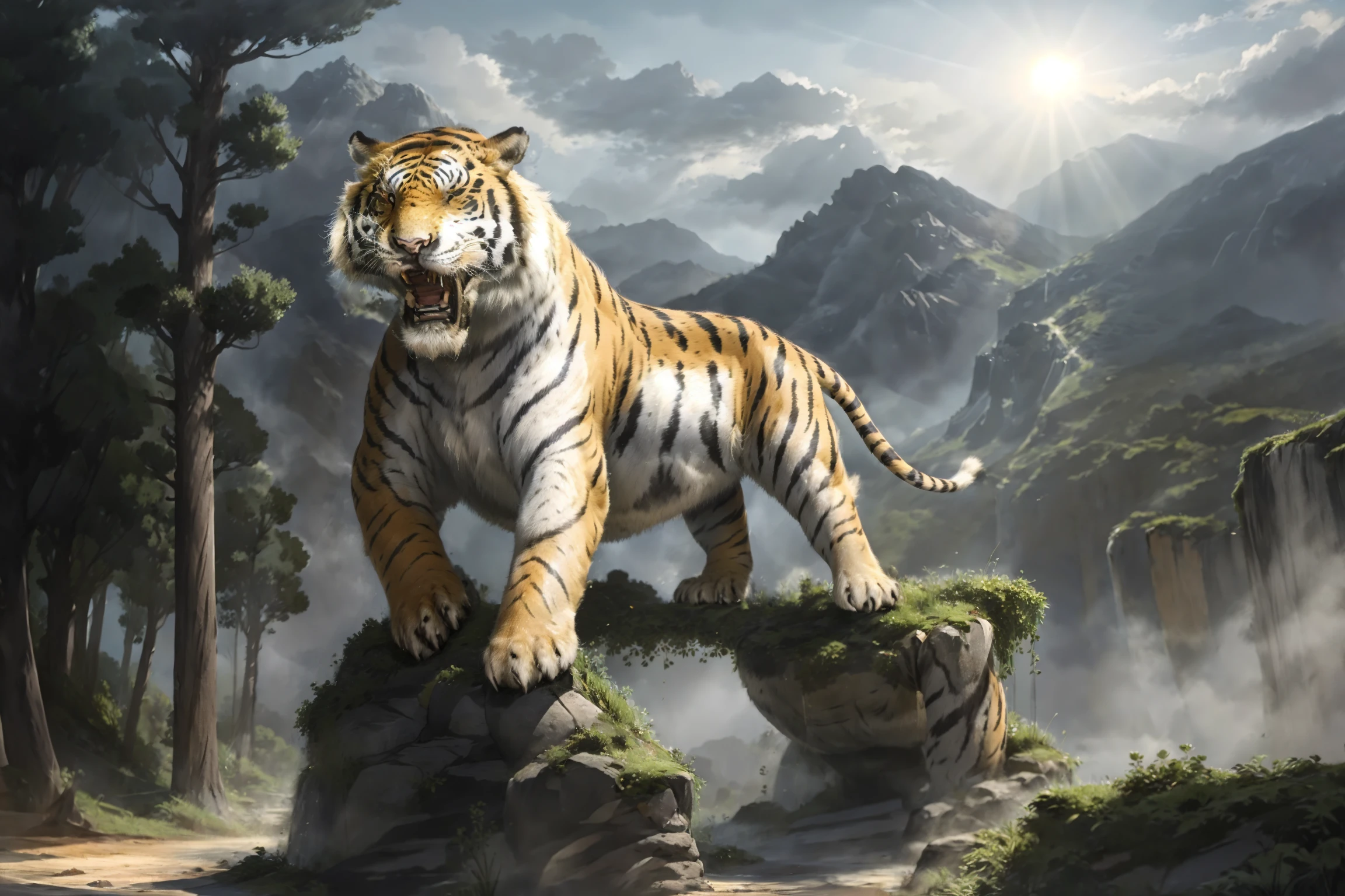 shanhai,no humans,cloud,tiger,animal,white tiger,sky,monster,outdoors,scenery,mountain,sunlight,tree,day,cloudy sky,<lora:shanhai_20240210174002:0.8>,