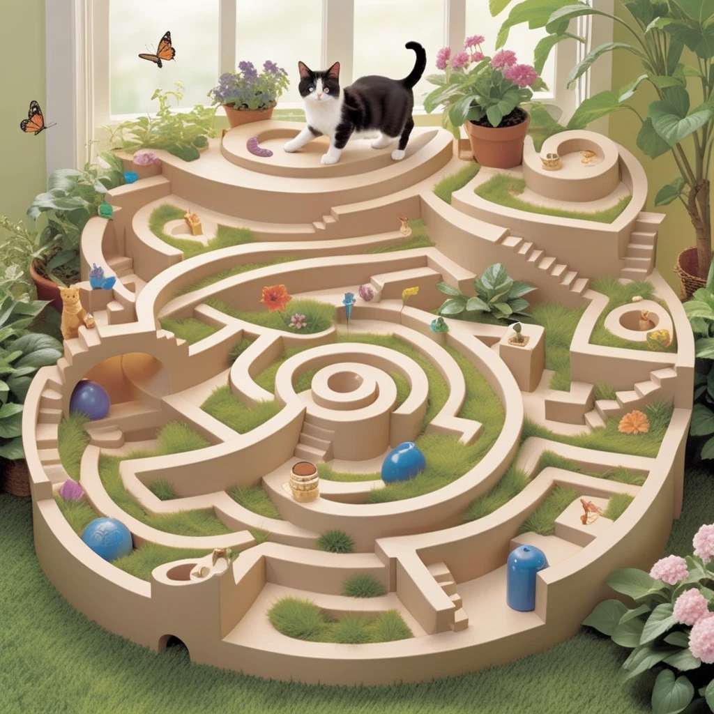 Create a whimsical cartoon-style cat maze, brimming with playful cat elements at every turn. This labyrinth is designed with winding paths lined with paw prints, towering scratching posts, and cozy nooks perfect for napping. Along the way, cartoonish feline characters engage in various antics, from chasing balls of yarn to lounging in sunbeams. The maze is set in a vibrant garden, where catnip plants flourish and butterflies flutter, adding to the enchantment. The overall atmosphere is one of joy and feline fantasy, inviting the viewer to explore a world where cats reign supreme,<lora:maze:0.75>