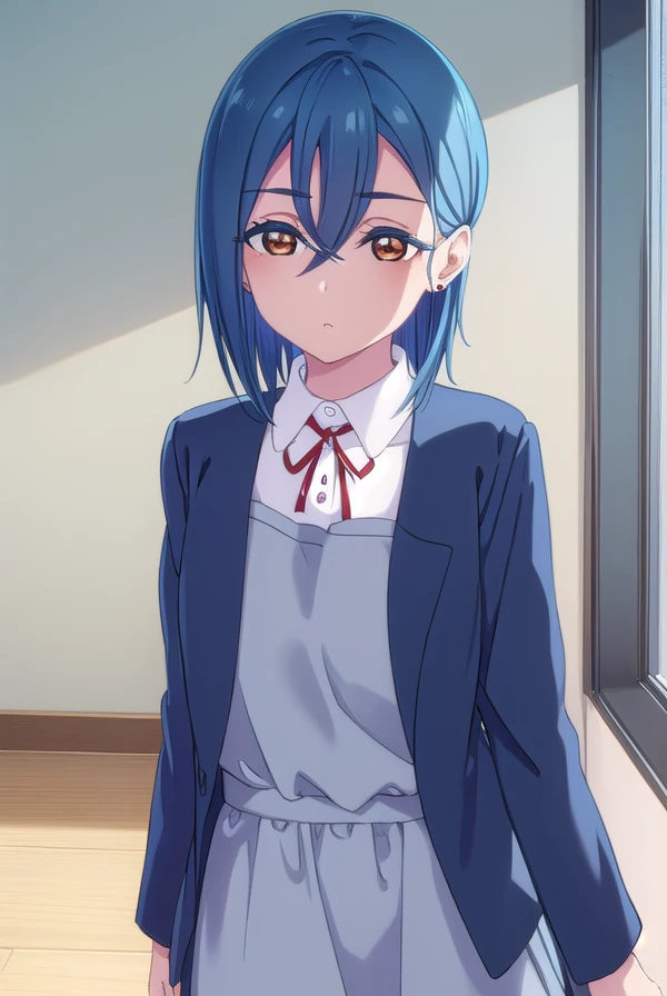 shikiwakana, <lora:shiki wakana s2-lora-nochekaiser:1>,
shiki wakana, short hair, bangs, (red eyes:1.3), hair between eyes, blue hair, earrings, stud earrings,
BREAK shirt, dress, ribbon, school uniform, jacket, white shirt, open clothes, collared shirt, open jacket, red ribbon, neck ribbon, blue jacket, pinafore dress, grey dress, yuigaoka school uniform,
BREAK indoors, classroom,
BREAK looking at viewer, (cowboy shot:1.5),
BREAK <lyco:GoodHands-beta2:1>, (masterpiece:1.2), best quality, high resolution, unity 8k wallpaper, (illustration:0.8), (beautiful detailed eyes:1.6), extremely detailed face, perfect lighting, extremely detailed CG, (perfect hands, perfect anatomy),