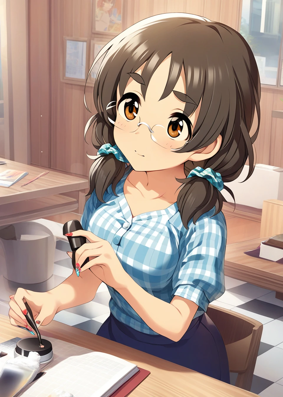 <lora:Asano Fuka:1>,fullbody,halfbody,head,glasses,The image showcases a young female animated character with brown hair tied in two ponytails. She has amber eyes and is wearing glasses. The character is holding a nail polish bottle and a nail brush, seemingly in the process of painting her nails. She's dressed in a blue and white checkered blouse. The background suggests she's in a room with wooden panels, possibly a kitchen or a living area. There are some items on a table, including a magazine or booklet with an image of a character on its cover., masterpiece, best quality,