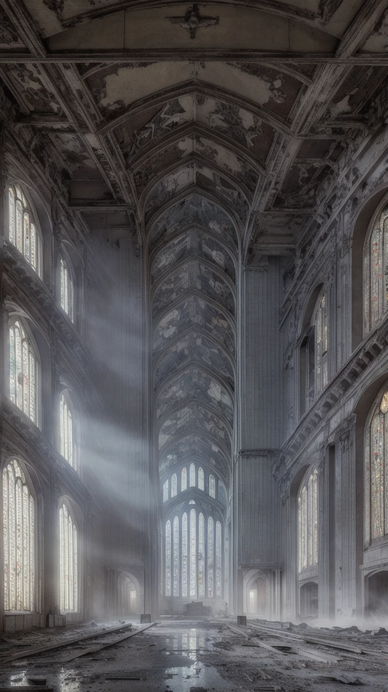 abandoned building, church, concrete, high quality, high resolution, extreme detail, masterpiece, intricate details, [volumetric fog], cinematic lighting, photographed on a Canon EOS R5, 50mm lens, F/2.8, HDR, 8k resolution, colorful