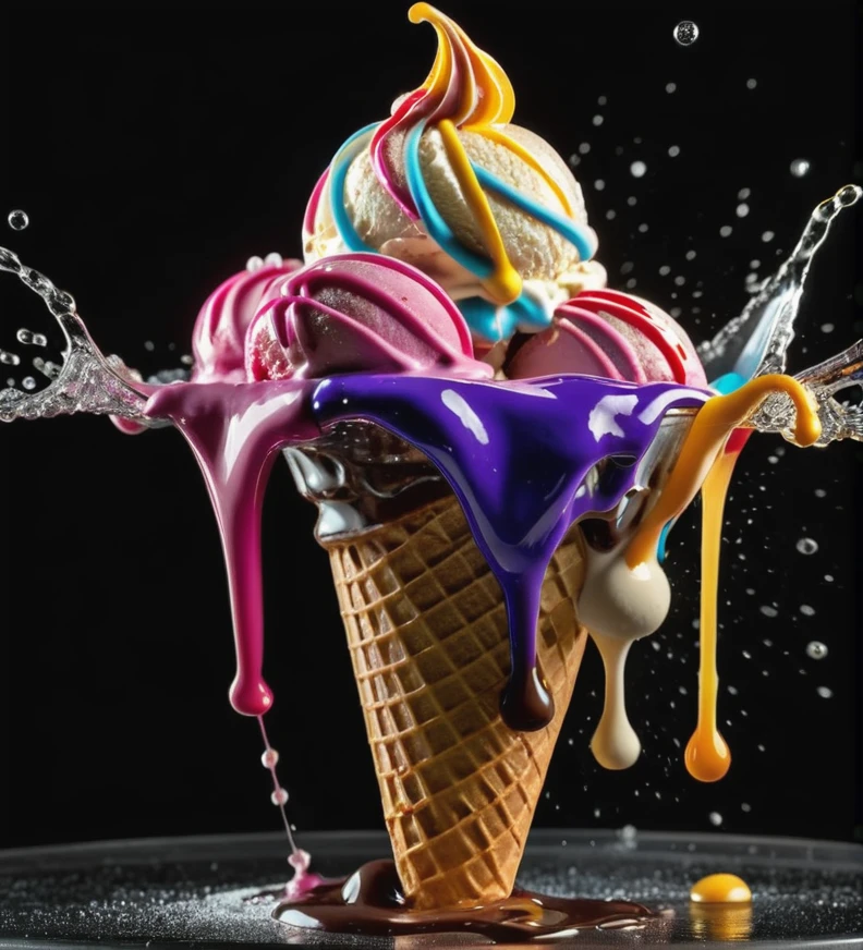 a ice cream, cake, liquid made of liquid splashes, merging, melting, splashing, droplets, mixing, fading away, exploding, swirling, intricate detail, modelshoot style, dreamlikeart, dramatic lighting. 8k, highly detailed,