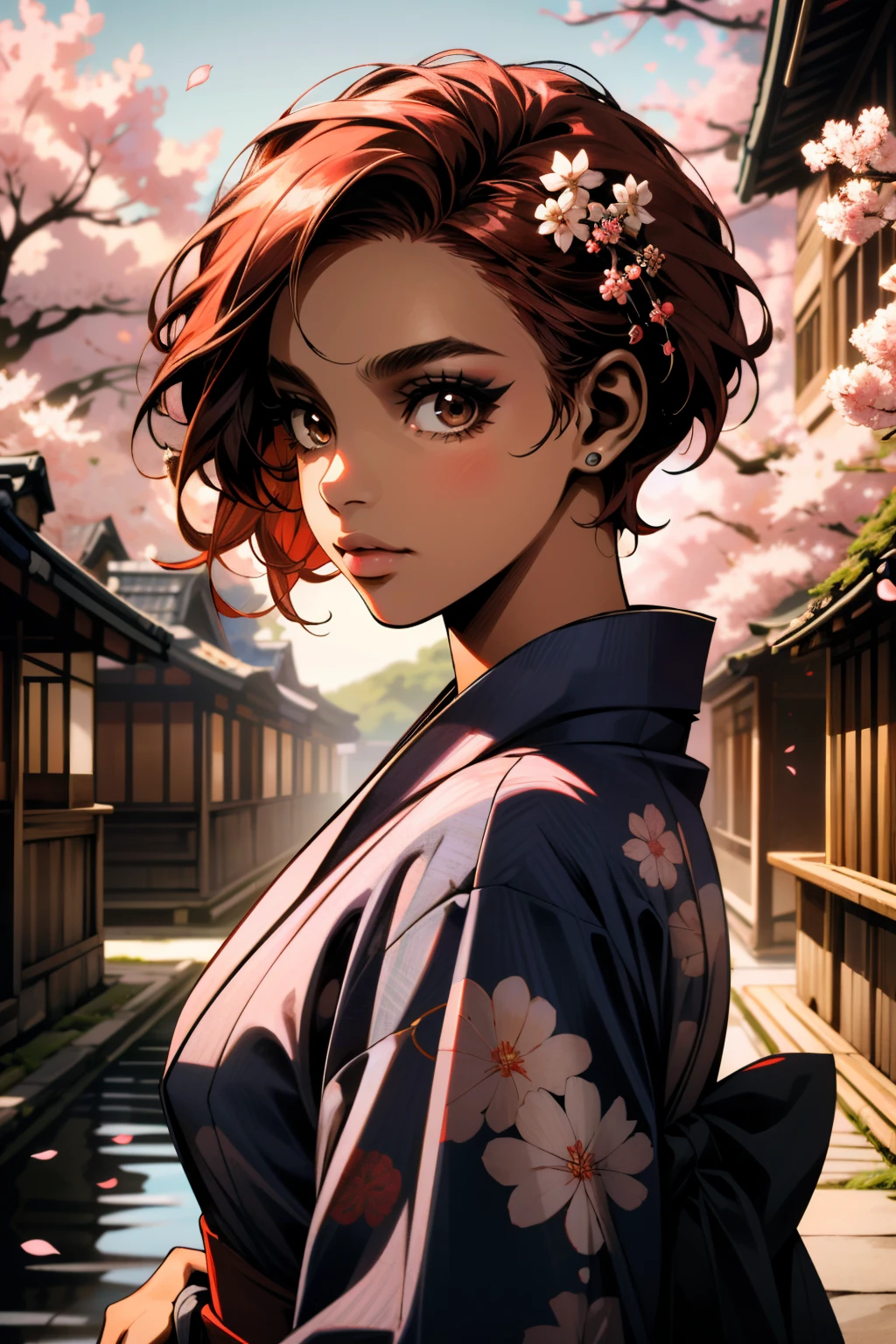 ((ultra detailed, masterpiece, absurdres))
<lora:DPDIMJamie:0.9>
DPDIMJamie, 1girl, dark skin, brown eyes, short hair, red hair, yukata, japan, cherry blossoms, hair ornament