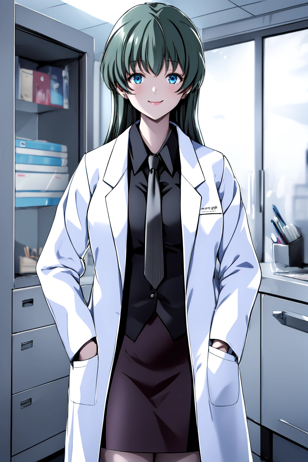 (RAW photo, best quality), 1girl, natural lighting, solo, light smile,
<lora:loveletter_sae_v1_2-000006:1>, loveletter_sae, necktie, labcoat, shirt, pencil skirt, doctor's coat,