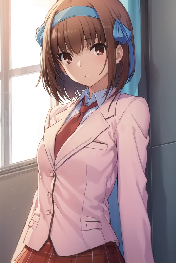 soratakanashi, <lora:sora takanashi s1-lora-nochekaiser:1>,
sora takanashi, short hair, brown hair, ribbon, (brown eyes:1.5), hair ribbon, ahoge, hairband, blue ribbon, blue hairband,
BREAK skirt, school uniform, jacket, necktie, blazer, (pink blazer:1.2), (red skirt:1.2),
BREAK indoors, classroom,
BREAK looking at viewer, (cowboy shot:1.5),
BREAK <lyco:GoodHands-beta2:1>, (masterpiece:1.2), best quality, high resolution, unity 8k wallpaper, (illustration:0.8), (beautiful detailed eyes:1.6), extremely detailed face, perfect lighting, extremely detailed CG, (perfect hands, perfect anatomy),