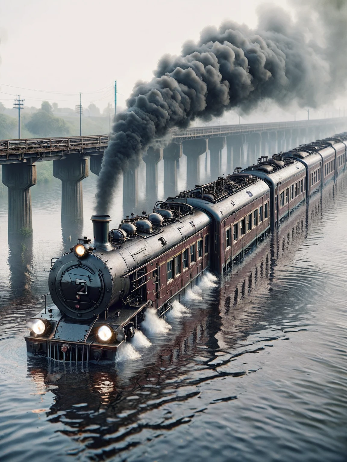 ais-fld a vintage steam train crossing a bridge <lora:Flooded_SDXL:1>