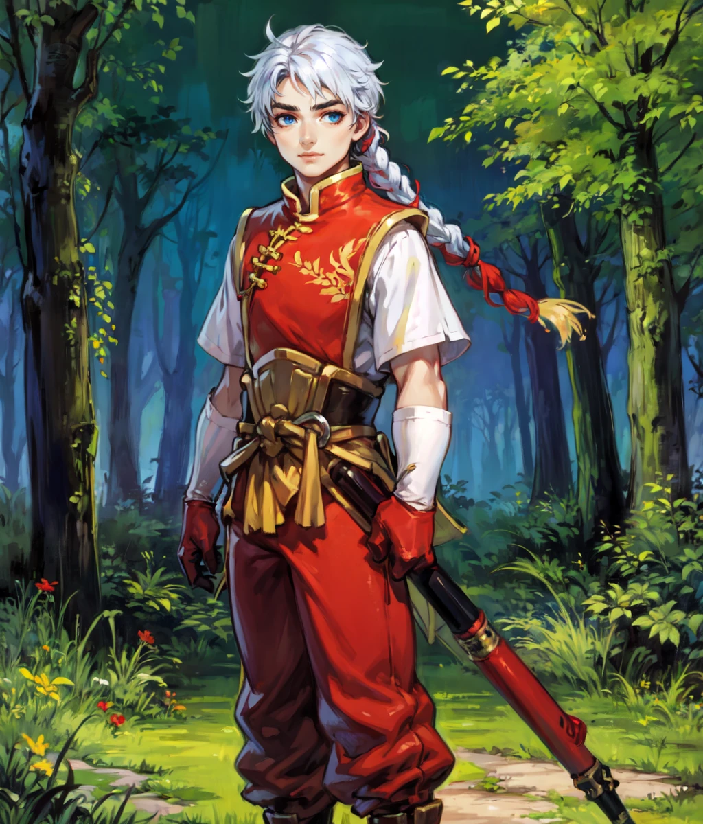 masterpiece, anime screencap, 1 boy, solo, white hair, blue eyes, braid, chinese clothes, red shirt, ((white sleeves)), (yellow pants), full body, outdoors, forest, cowboy shot  <lora:Tir:0.6>  <lora:Freyjadour:0.7>