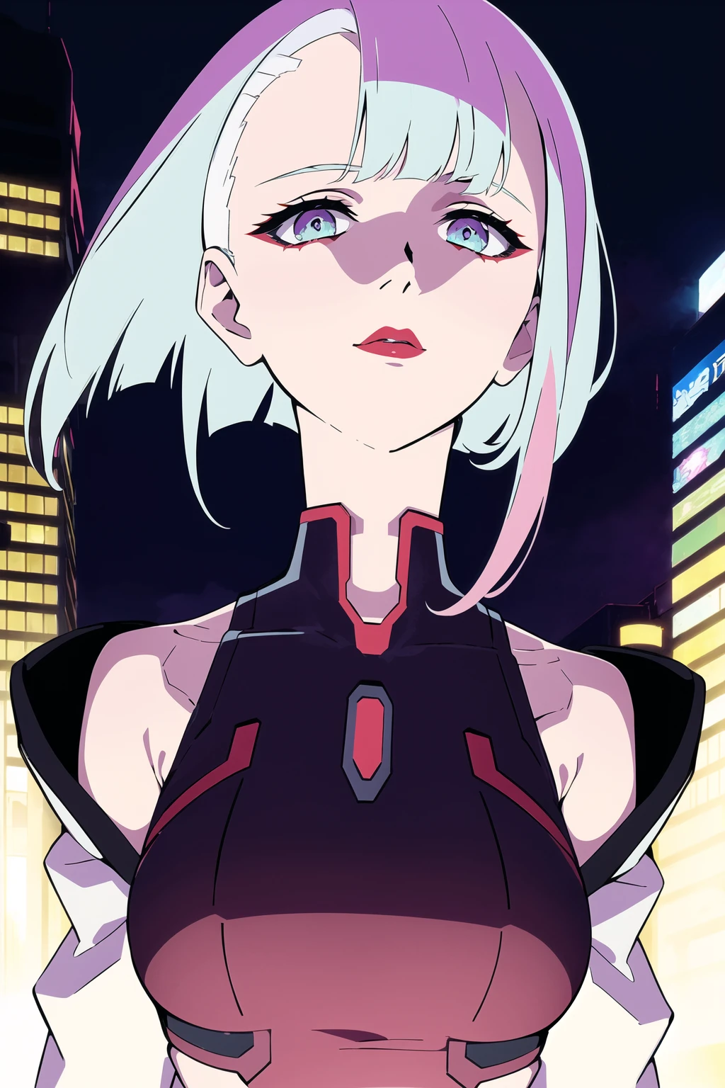 masterpiece, best quality, lucy \(cyberpunk\), <lora:lucy_offset:1>, bob cut, short hair, asymmetrical hair, multicolored hair, 1girl, solo, pale skin, red lips, detached sleeves, beautiful eyes, upper body, outdoors, looking at viewer, beautiful and aesthetic, official art, professional illustration, hires, amazing, absurdres