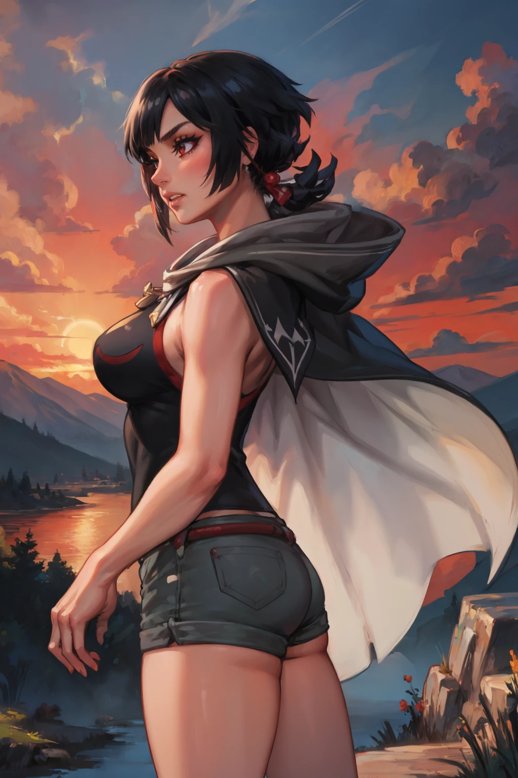 masterpiece, best quality,  <lora:zinnia-nvwls-v1-000009:0.9> defZinnia, grey cloak, black shirt, sleeveless shirt, short shorts, large breasts, clenched teeth, serious, from side, red sky, clouds, mountains