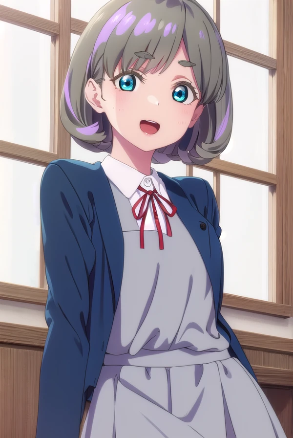 keketang, <lora:keke tang s2-lora-nochekaiser:1>,
keke tang, short hair, blue eyes, grey hair, multicolored hair, streaked hair, smile, open mouth, teeth,
BREAK shirt, dress, ribbon, school uniform, jacket, white shirt, open clothes, collared shirt, open jacket, red ribbon, neck ribbon, blue jacket, pinafore dress, grey dress, yuigaoka school uniform,
BREAK indoors, classroom,
BREAK looking at viewer, (cowboy shot:1.5),
BREAK <lyco:GoodHands-beta2:1>, (masterpiece:1.2), best quality, high resolution, unity 8k wallpaper, (illustration:0.8), (beautiful detailed eyes:1.6), extremely detailed face, perfect lighting, extremely detailed CG, (perfect hands, perfect anatomy),