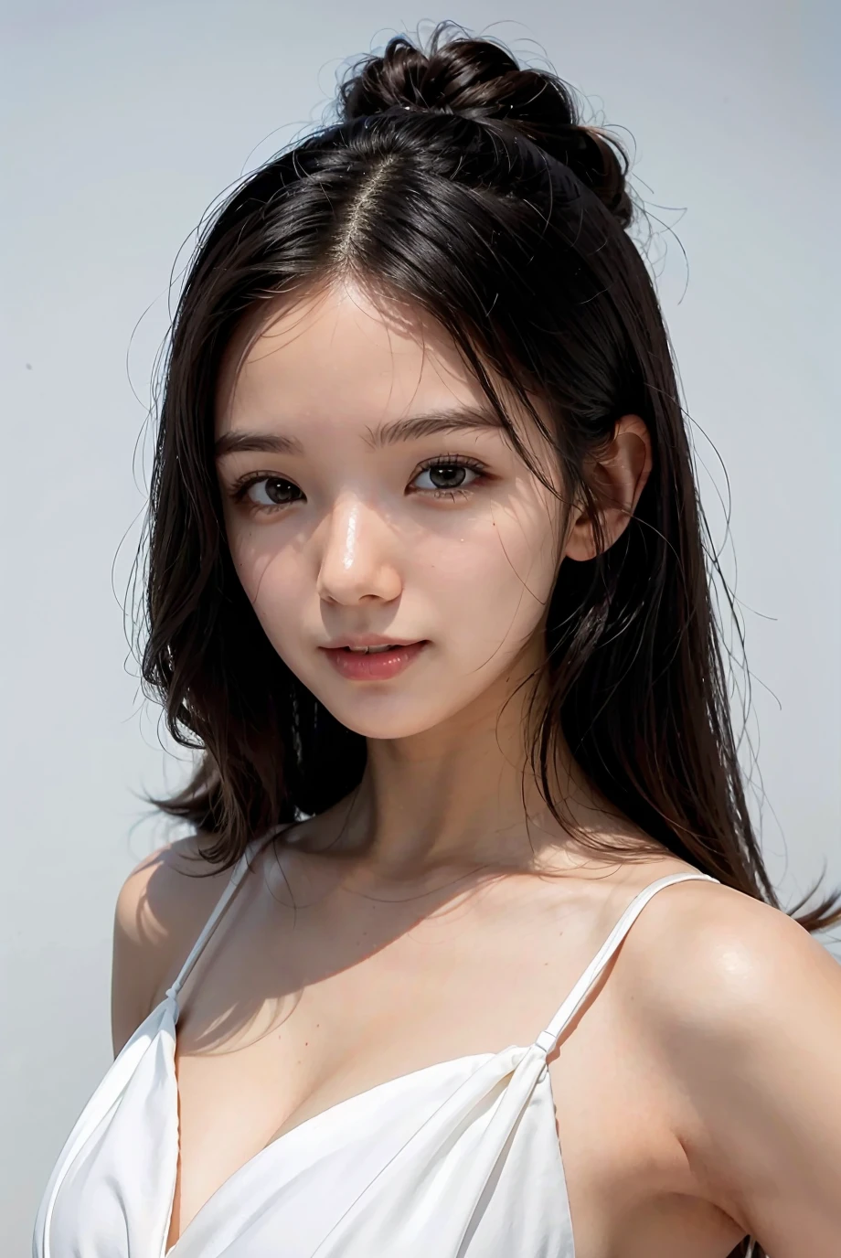 1girl, black formal dress, white background, <lora:shaesummerV1-02:1>