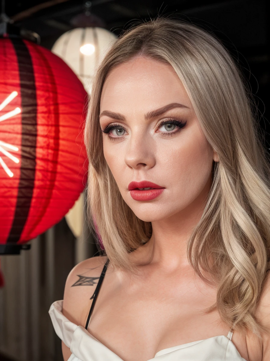 ,a happy woman, makeup, beige lipstick, blush,  <lora:quiron_AngieLynx_v1_lora:0.87> AngieLynxQuiron,, festival party, lights, fireworks,  chinese festival, crowded, new year celebration ,  
east asian architecture,    paper lantern, realistic, , red (Chinese lanterns ) in background, fog,  fireworks and fog  far background, fire, lighting,   intricate detailed,, skin pores, perfect iris,  perfect eyes,  serious, portrait, linkedin, grey background,