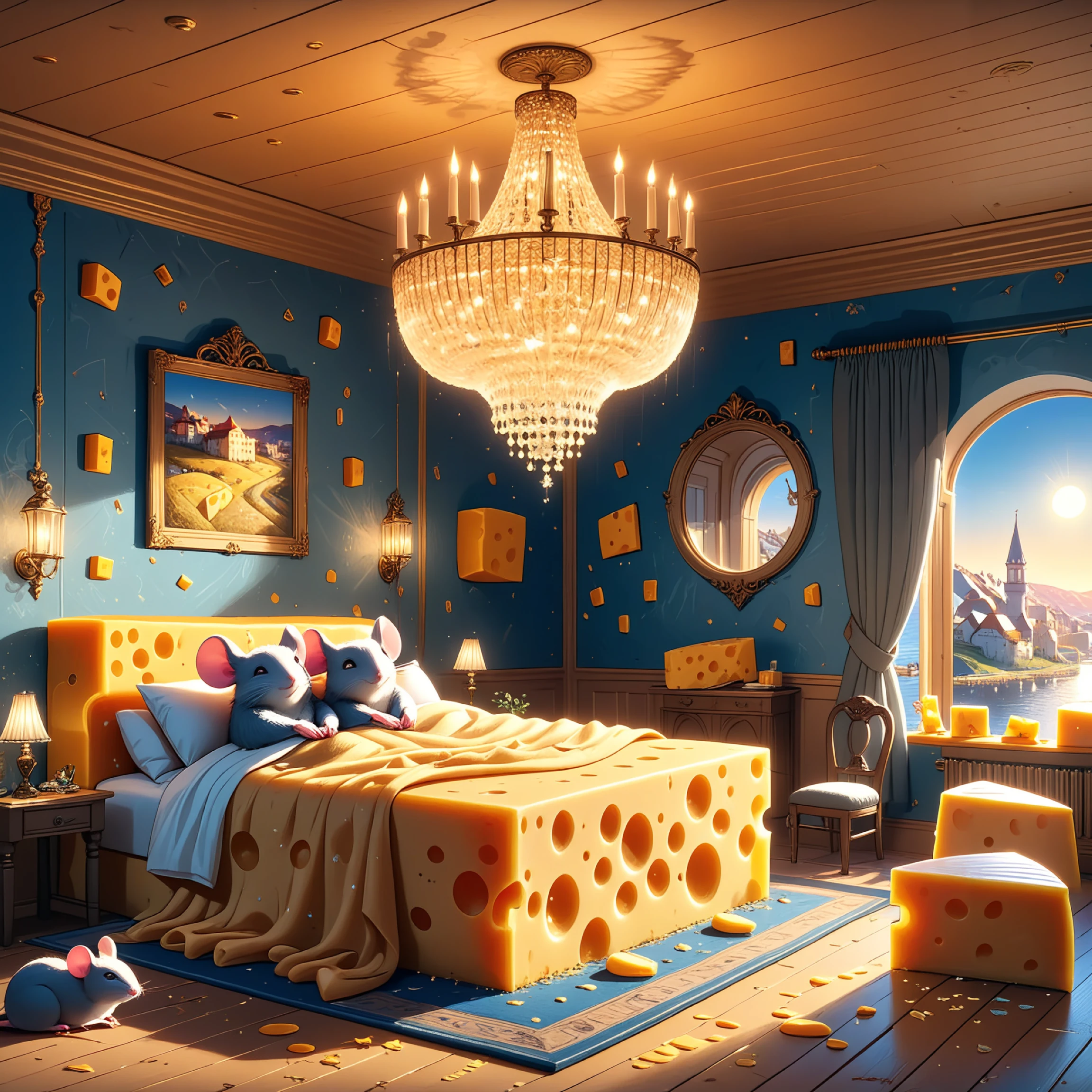 mic3, A cozy room bathed in warm sunlight with walls painted blue. A chandelier with lit candles hangs from the ceiling. (Two animated mice:1.2) are snuggled under a blanket on a bed shaped like a block of cheese. Pieces of cheese with various sizes of holes are scattered around the room, serving as furniture and wall décor. A painting of a sunlit landscape adorns one wall. Outside the window is a picturesque view of a town by the water during sunset or sunrise.