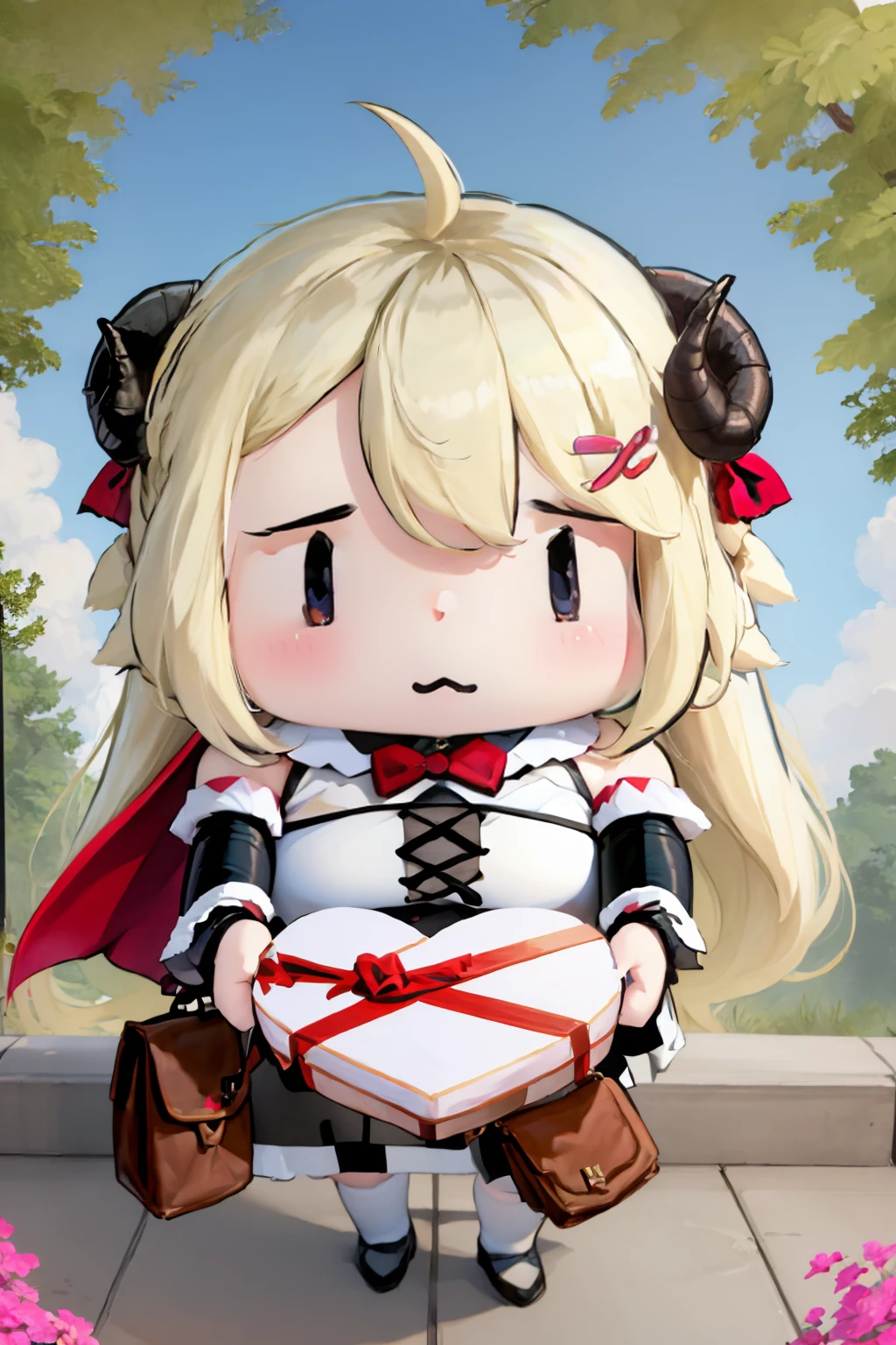 High Quality, Masterpiece, 1girl, IncrsVGiftBoth, <lora:IncomingValentineGiftPOVTwoHands:1>, incoming gift, chibi, <lora:Style_Walfie:1.2>, WatameBase, very long hair, ahoge, hairclip, fur-trimmed dress, bowtie, detached sleeves, pouch, cape, <lora:Char_VTuber_TsunomakiWatame:0.9>,