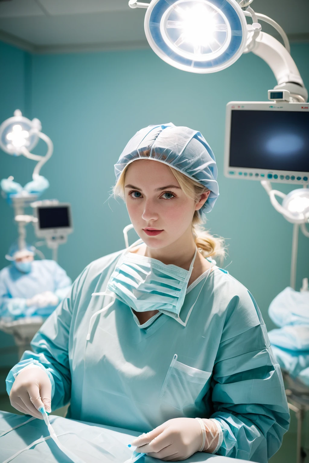 (RAW photo, best quality), 1girl, blonde, long sleeve surgical outfit, surgical mask, surgical gloves, surgical cap, operating room, overhead surgical light, blurred background, focused
<lora:concept_surgeon_mask_open_xl_v1-000002:1>, surgical_mask_open, completely_undone, masterpiece, best quality,