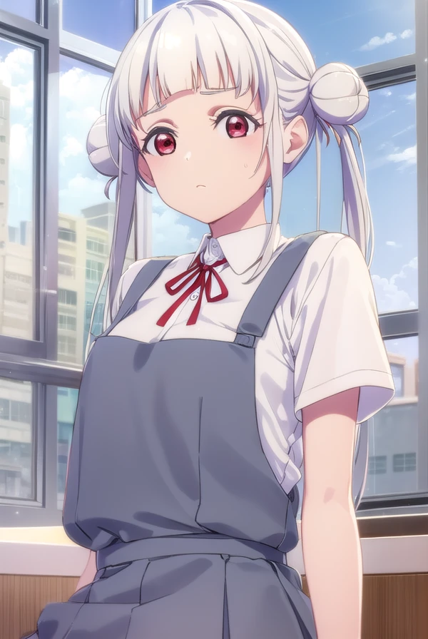 chisatoarashi, <lora:chisato arashi s2-lora-nochekaiser:1>,
chisato arashi, long hair, bangs, (red eyes:1.3), twintails, white hair, blunt bangs, hair bun, double bun,
BREAK shirt, dress, ribbon, school uniform, white shirt, short sleeves, collared shirt, red ribbon, neck ribbon, pinafore dress, grey dress, summer uniform, yuigaoka school uniform,
BREAK indoors, classroom,
BREAK looking at viewer, (cowboy shot:1.5),
BREAK <lyco:GoodHands-beta2:1>, (masterpiece:1.2), best quality, high resolution, unity 8k wallpaper, (illustration:0.8), (beautiful detailed eyes:1.6), extremely detailed face, perfect lighting, extremely detailed CG, (perfect hands, perfect anatomy),