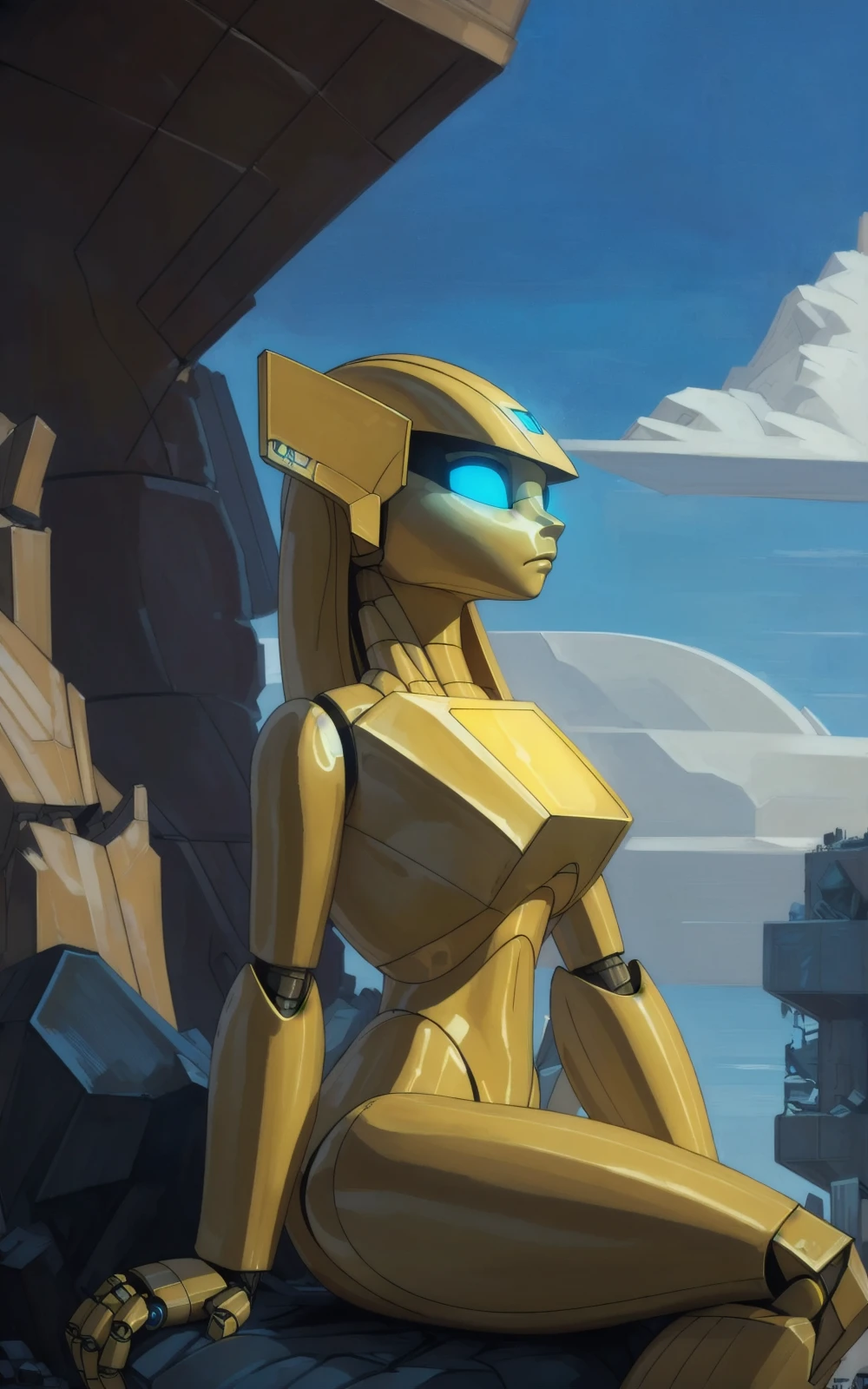 8k,4k,((Best quality, masterpiece, ultra high resolution)),((full body, by pixelsketcher)), <lora:Corus:0.8>,corus,robot, blue eyes, science fiction,mecha,golden skin,human,sitting on a boulder, destroyed city