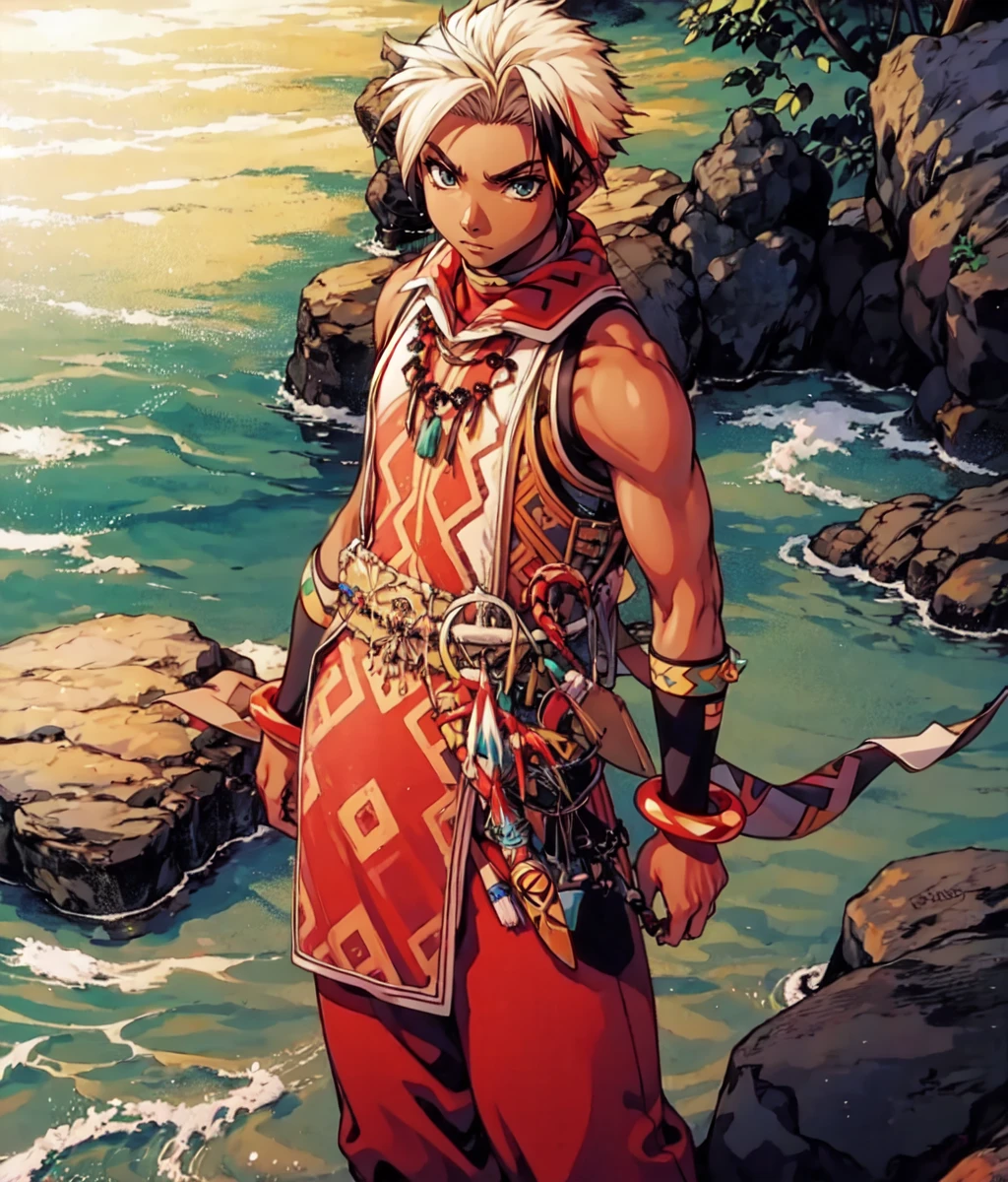 masterpiece, anime screencap, 1 boy, solo, blonde hair, streaked hair, brown skin, bare arms, native american clothes, bare arms, wristbands, valley, full body, outdoors, cowboy shot <lora:Hugo:1>