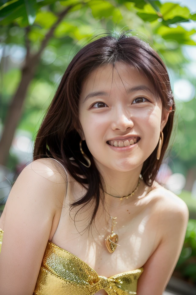 a young woman with black hair and long hair, smiling at the camera in a park, sunlight shining on her face, background with leaves and bokeh effect, bright and happy atmosphere, high quality and realistic, no noise
beautiful white teeth
<lora:shihoMegaSelect5R:1> shiho, "Golden costume reminiscent of samba attire, shimmering with opulence.", gold clown, armlet, pierce, gold clown, armlet, "Gold hoop earring worn on the earlobe.", gold chain, chain belt,