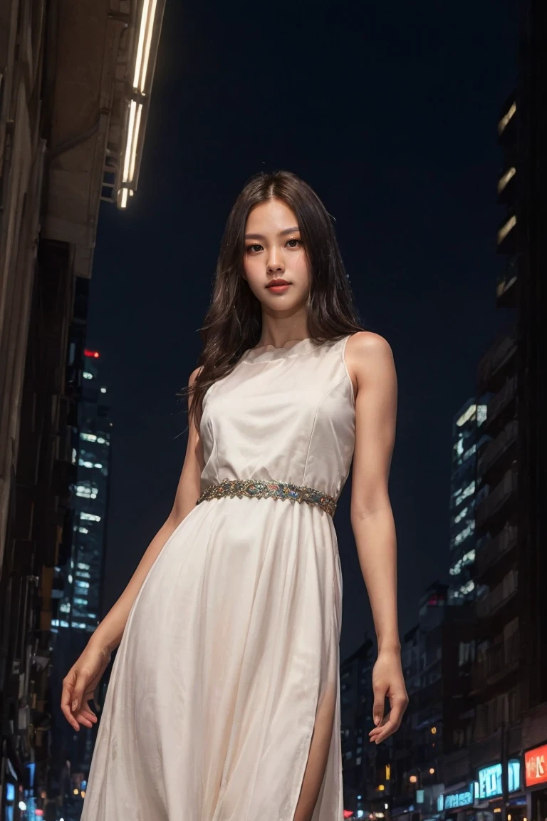 1girl, solo, (upper body:1.2), (mature body), standing, closed mouth, long hair, (small breast:1) ((elegant sleeveless dress)), lips, (photorealistic:1.4), masterpiece, 8k HDR, (realistic:0.2), cinematic lighting, colorful light, (angle from below), city street, (detailed background:1.1), panorama, ((night)), slender,