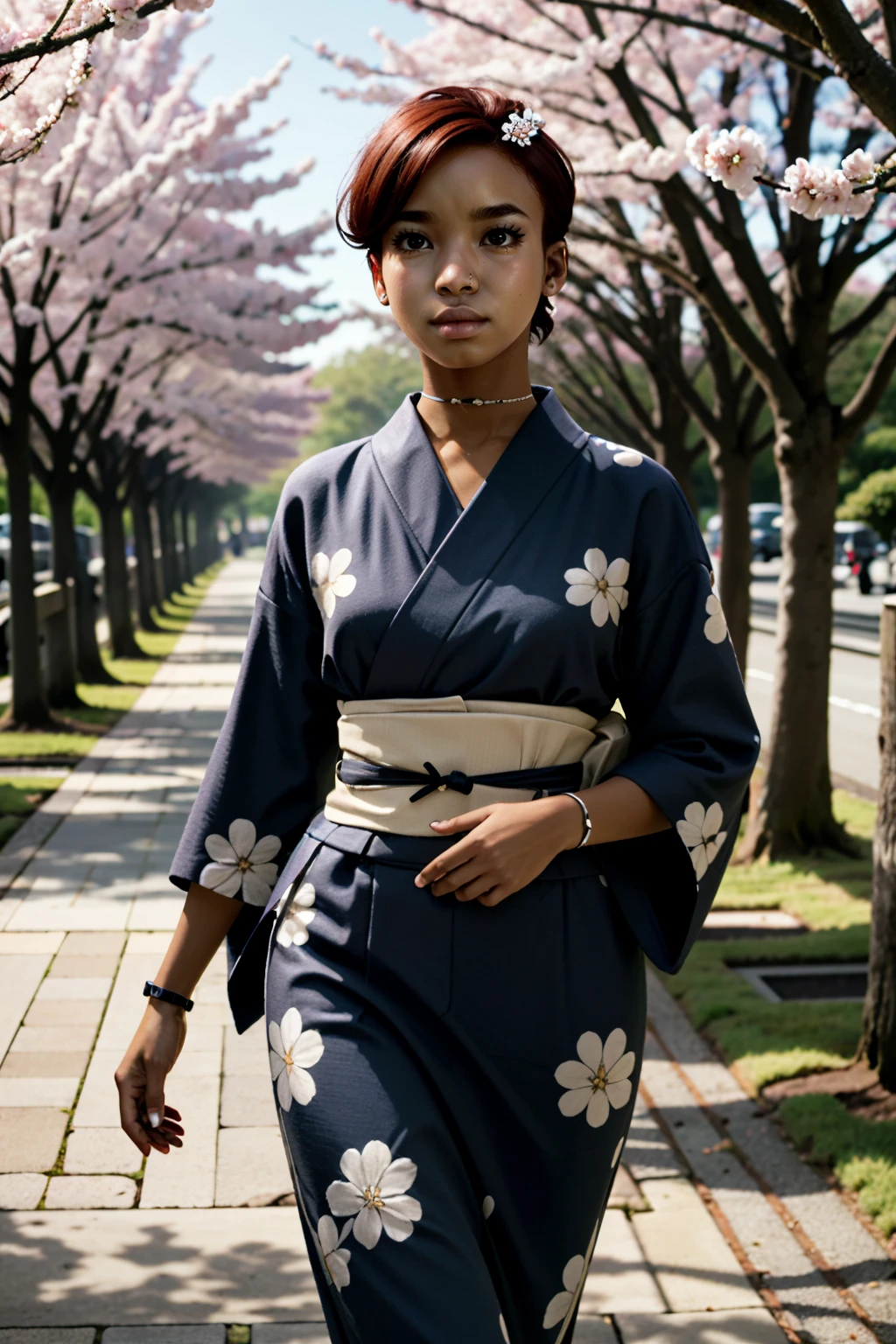 ((ultra detailed, masterpiece, absurdres))
<lora:DPDIMJamie:0.9>
DPDIMJamie, 1girl, dark skin, brown eyes, short hair, red hair, walking in a serene Japanese park with cherry blossoms, yukata, and a hair ornament