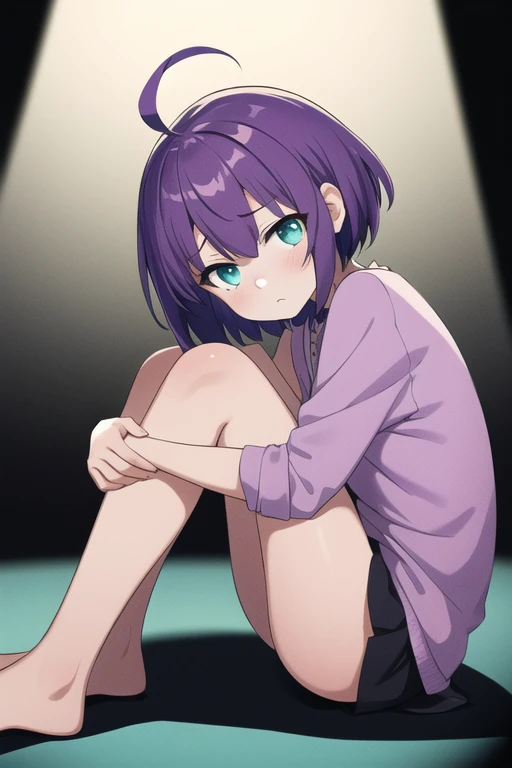 (masterpiece, best quality, high quality, highres, ultra-detailed),1girl,purple hair,braided bangs,short hair,aqua eyes,ahoge,dark room,hugging own legs,looking down,from side,sad,