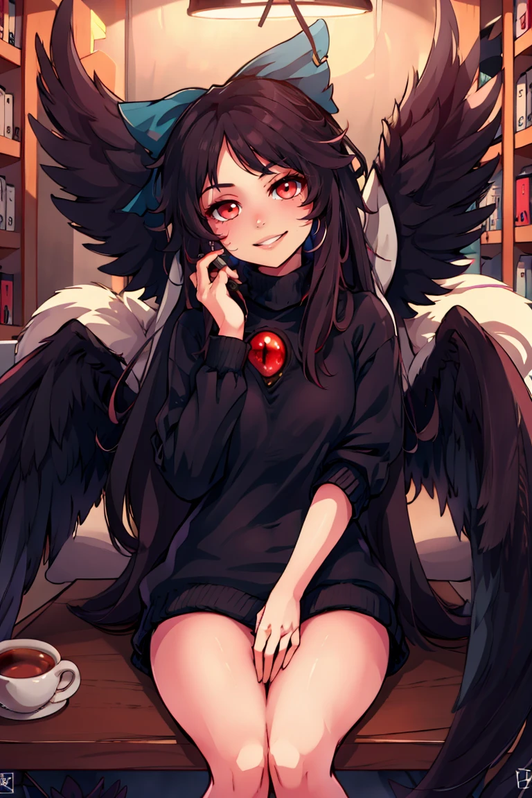 turtleneck sweater, earrings, library, cup of coffee, sitting at table((masterpiece,best quality)), absurdres, <lora:Reiuji_Utsuho_Touhou:0.8>, Reiuji_Utsuho_Touhou, 1girl, reiuji utsuho, solo, bow, long hair, third eye, red eyes, black wings, bird wings, solo, smiling, looking at viewer, cowboy shot,