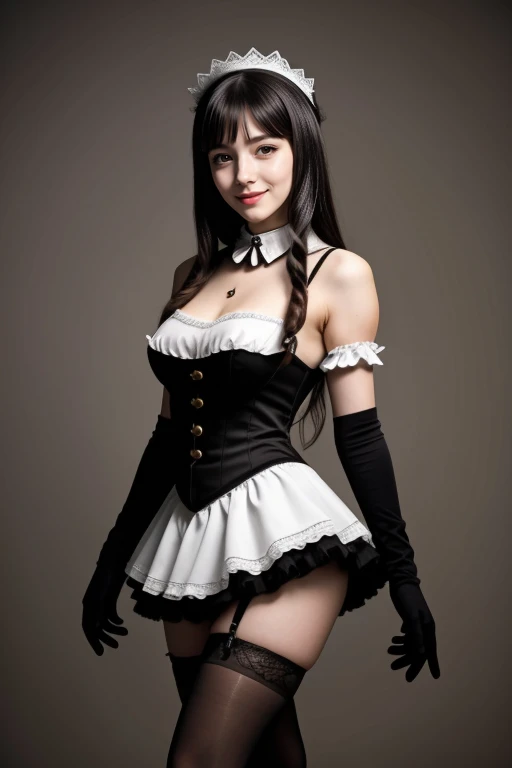 Showing your armpits、sleep with stuffed animals、Wear a costume、 masterpiece、One girl per photo、Thighs、stockings、Full Body Shot、Front view、Young and beautiful woman in Japan、Wearing a cute short-sleeved satin silver black maid outfit、With a big smile、White ruffled headband、White frilly apron、Black Choker、Charming person、Very cute face、Glossy Lips、Body covered in sweat、Double eyelids on both eyes、 Natural Makeup、Long eyelashes、Long Bob Hair、Shiny and smooth light brown hair、Asymmetrical bangs、Sunburned skin、Center image、8K resolution、Advanced Details、Detailed hairstyle、Detailed face、Great cinema lighting、Octane Rendering、Vibrant、Ultra-realistic、Perfect limbs、Perfect Anatomy、Huge