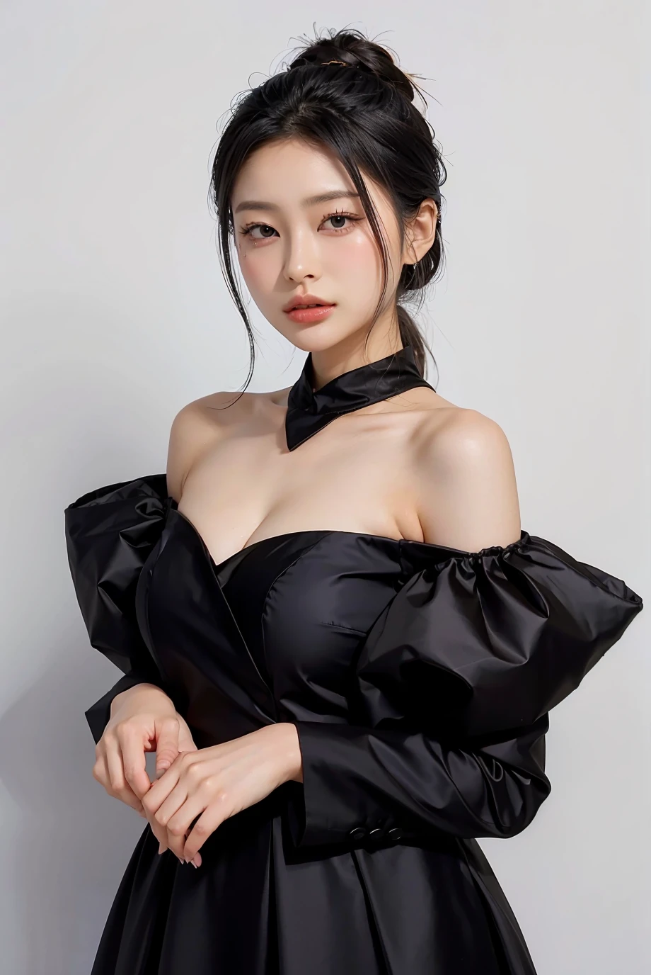 1 woman, black formal dress, white background,