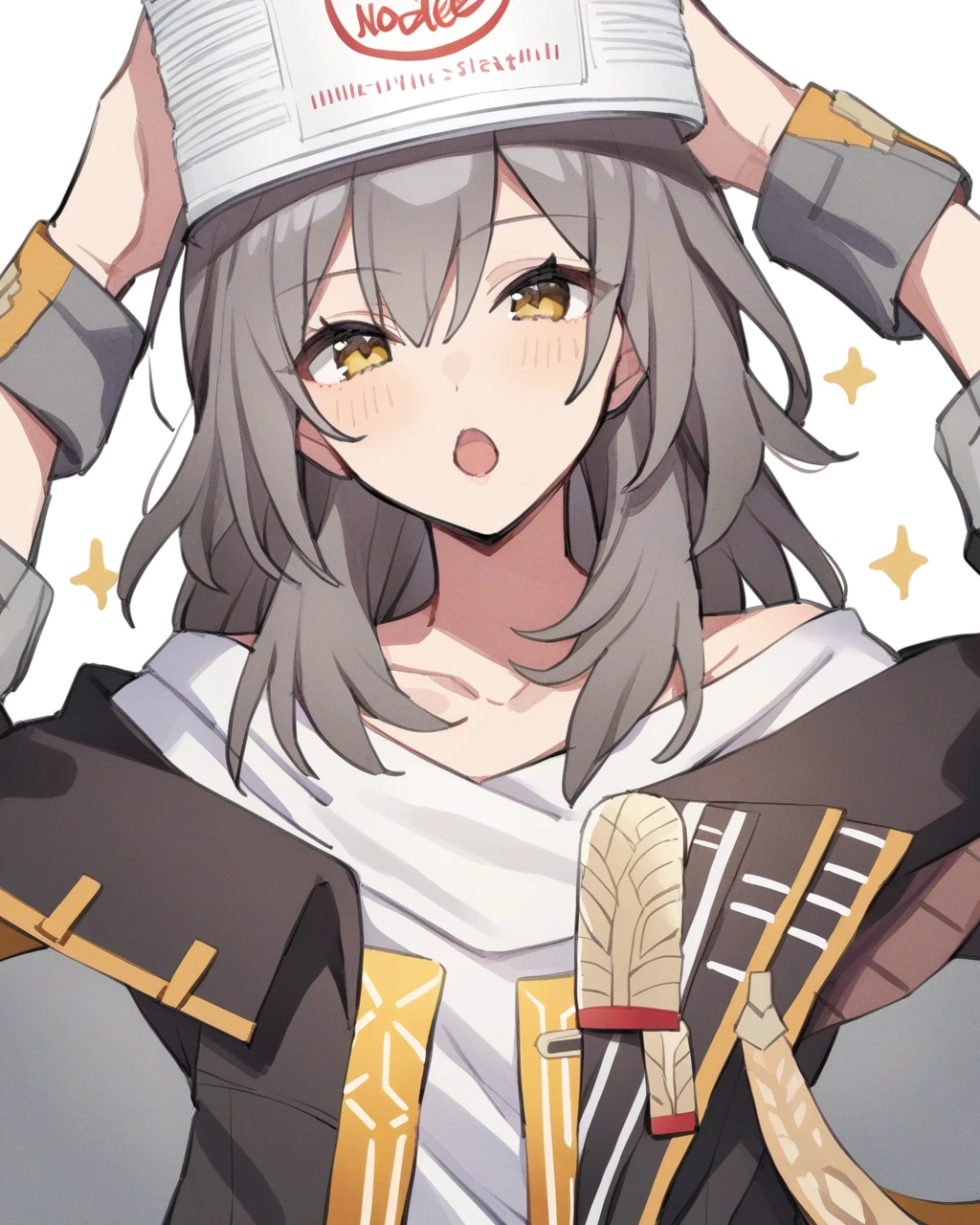 masterpiece,best quality,<lora:star_rail_all:1>,1girl,solo,upper body,grey hair,anaketsu,black jacket,cropped torso,cup on head,head tilt,honkai: star rail,honkai \(series\),looking at viewer,narutomaki,nissin cup noodle,noodles,open mouth,simple background,star \(symbol\),stelle \(honkai: star rail\),trailblazer \(honkai: star rail\),white background,white shirt,yellow eyes,