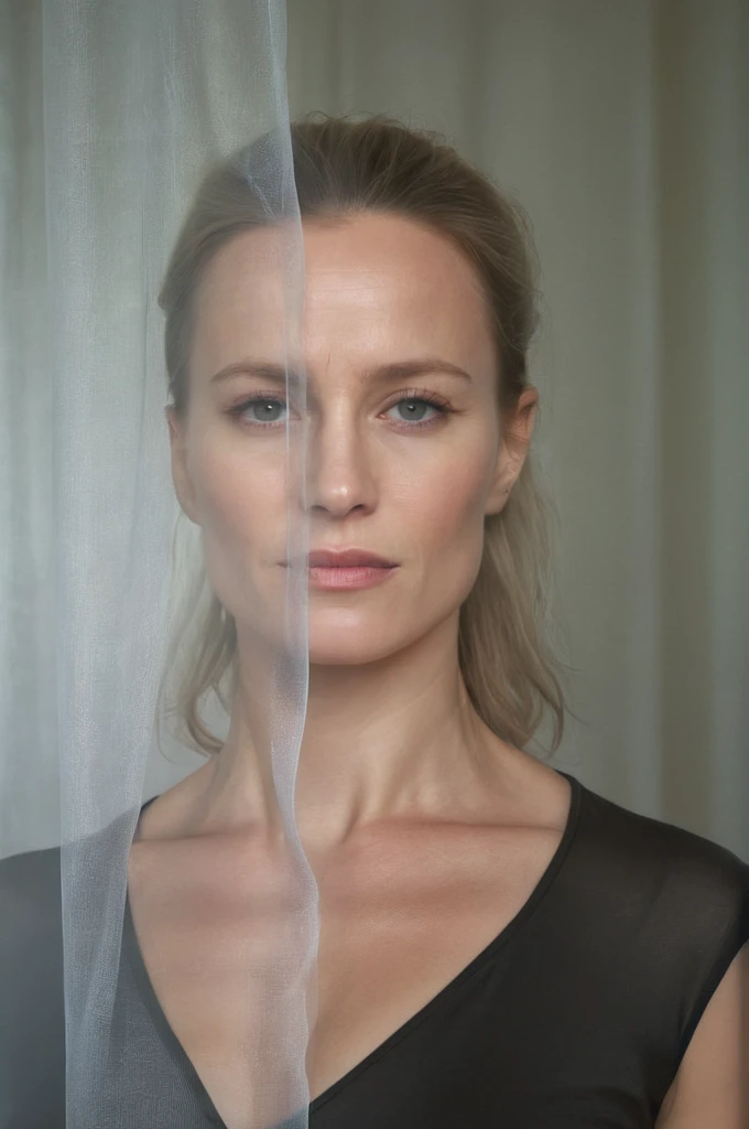 BMAIW, portrait photo of a woman, behind transparent curtains <lora:BMAIW_sdxl_scaled_128:0.75>
