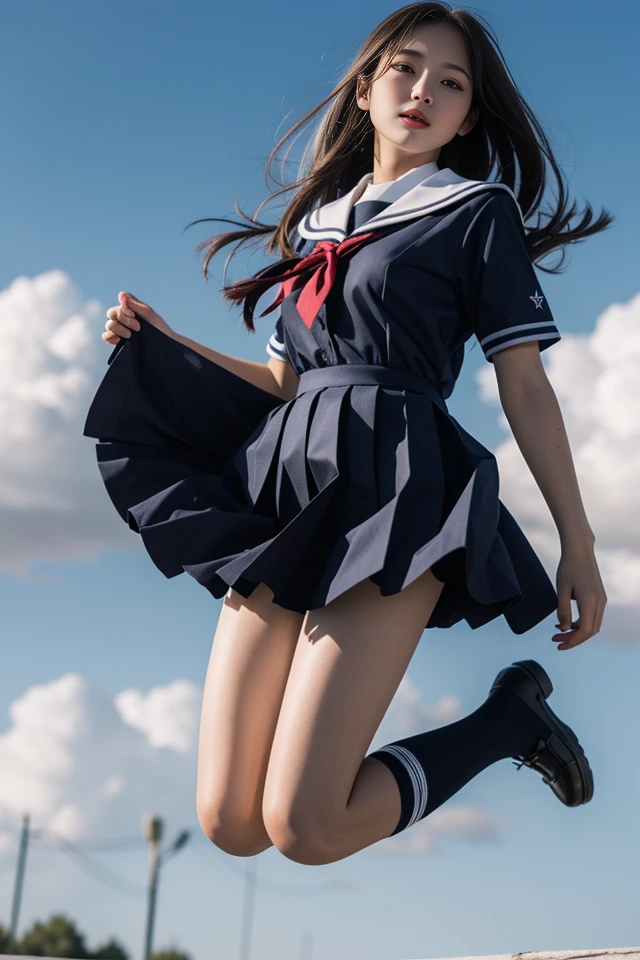 1girl,(((Frontal bust shot angle))),Wide open chest、(((Okinawa ocean)))、(((White sand beaches in Okinawa)))、8k UHD、Digital single-lens reflex camera、High resolution、Shallow depth of field、Natural light、(((Sailor suit)))、(((navy blue super mini skirt)))、(((Full body photography)) )、Small person、(((Young face)))、1 Japanese female、;beautiful girl、(Black Hair)、A strong wind blows up my skirt、(((Brown eyes)))、Glowing Skin、Smooth Thinning Hair、Long Hair、Detailed background、Detailed eyes and face、Clear Eyes、Cute smile、Calm atmosphere、(((stage)))、(((Small breasts)))、(((Beautiful Eyes)))、Flat chest、Children、(((Toned thighs))) 、(((Angle from below) ))、(((Fine lips)))、(((Skirt fluttering)))、Shining beautiful legs、( Skirt fluttering violently in the strong wind :1.4),   (hair blowing in the strong wind:1.4), (leaning forward)、(((barefoot、barefoot)))