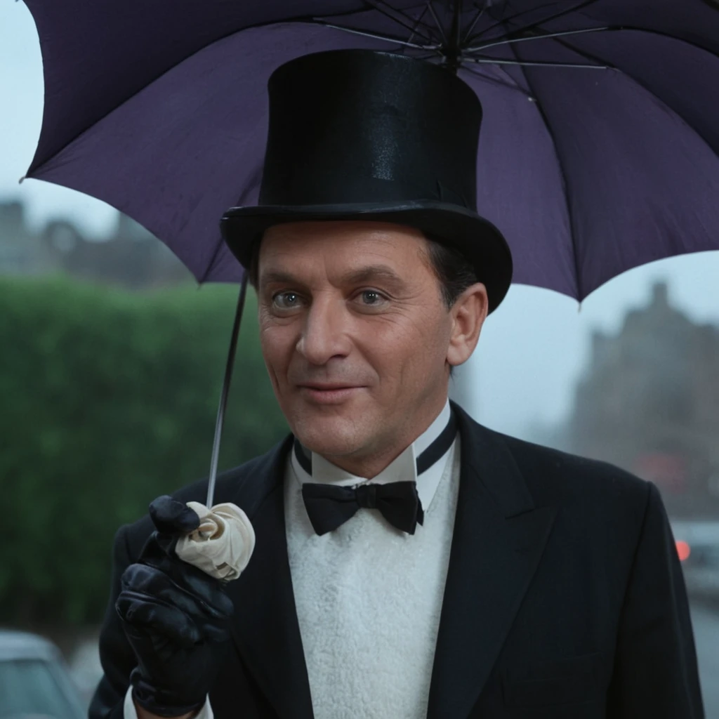 cinematic film still of <lora:Batman1966 Style:1>
the penguin,In year 1966,a man in a top hat and gloves holding an umbrella,Bama1966 Style,solo,looking at viewer,smile,open mouth,shirt,black hair,gloves,1boy,hat,bow,holding,white shirt,upper body,male focus,necktie,teeth,artist name,white gloves,signature,bowtie,blurry,blurry background,umbrella,formal,suit,top hat,holding umbrella,realistic,purple headwear,classic,vintage,retro,dramatic light,film look,cinematic,Oswald Cobblepot , Gotham City, batman universe, ba_ma style, batman style, batman1966 style, shallow depth of field, vignette, highly detailed, high budget, bokeh, cinemascope, moody, epic, gorgeous, film grain, grainy