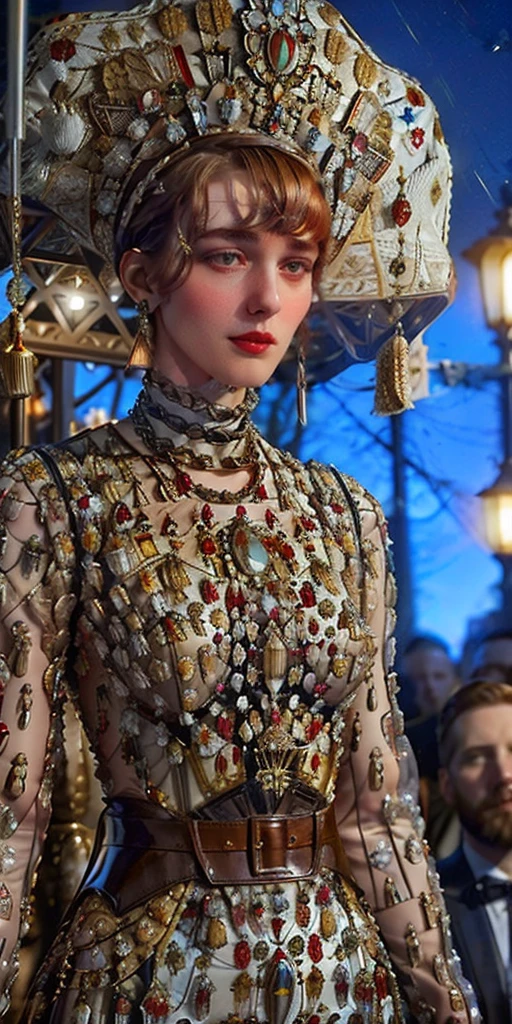 closeup, attractive shapely ginger wearing mcqm3shdr3ss dress , hair slicked back, slender, fashion model, tall crown, cone crown, chains, tassels, facing viewer, surrounded by admiring men in suits, jewelry, short hair, (breasts:0.7), dark sky, streetlights, smile <lora:mcqm3shdr3ss-000008:0.9> <lora:sl4v1ccr0wn_multi_2:0.9> sl4v1ccr0wnwh1t3