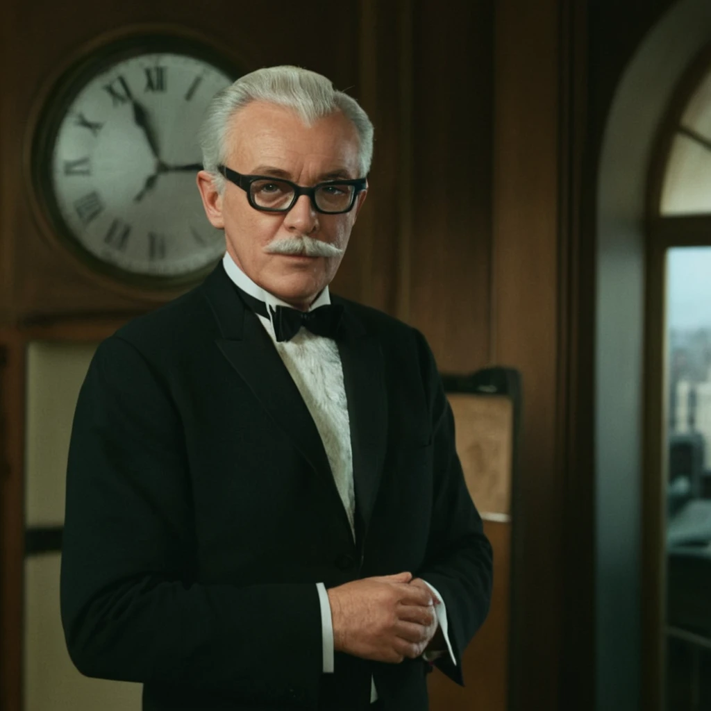 cinematic film still of <lora:Batman1966 Style:1>
alfred pennyworth,In year 1966,a man in a tuxedo and bow tie standing in front of a clock,Bama1966 Style,solo,shirt,1boy,bow,upper body,white hair,male focus,glasses,bowtie,black bow,facial hair,formal,suit,black bowtie,realistic,mustache,clock,old,old man,classic,vintage,retro,dramatic light,film look,cinematic , Gotham City, batman universe, ba_ma style, batman style, batman1966 style, shallow depth of field, vignette, highly detailed, high budget, bokeh, cinemascope, moody, epic, gorgeous, film grain, grainy