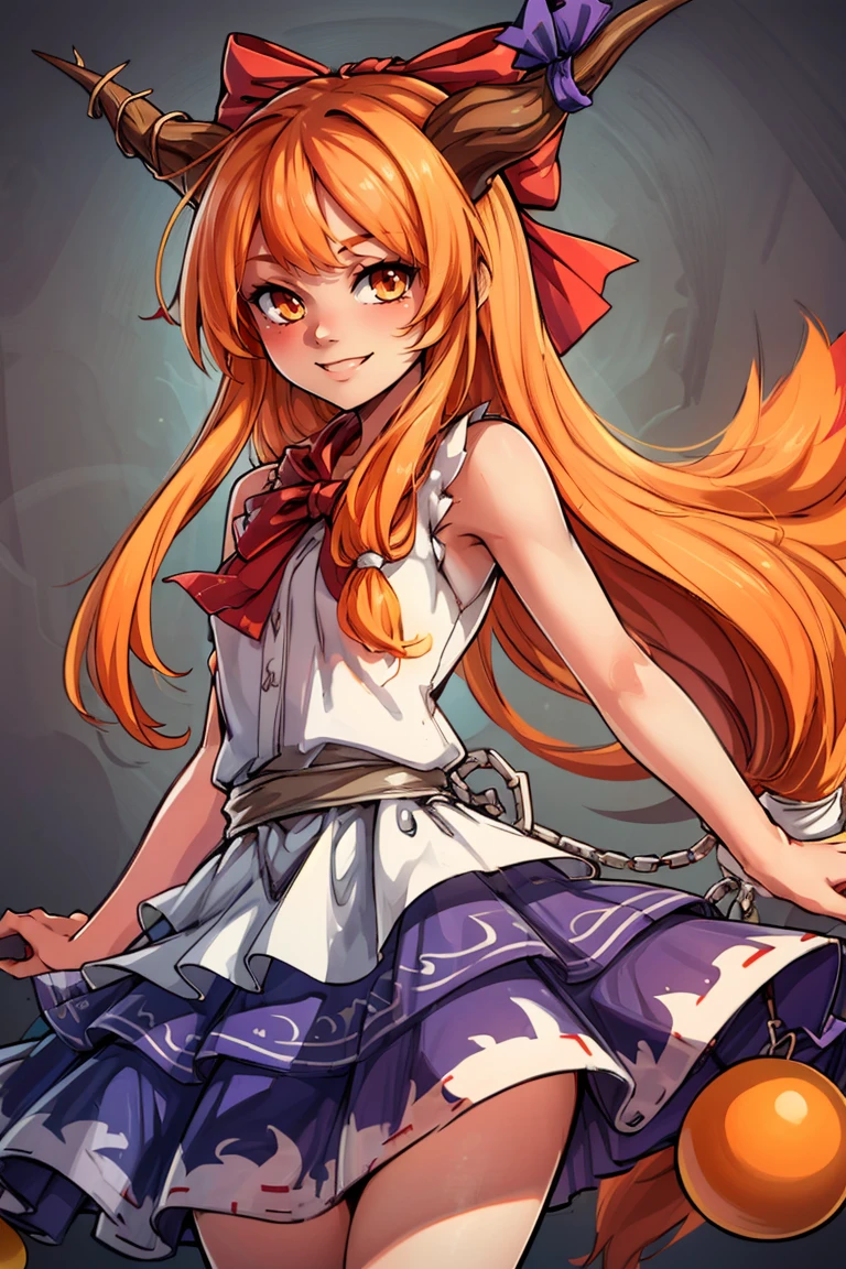 ((masterpiece,best quality)), absurdres, <lora:Ibuki_Suika_Touhou:0.8>, Ibuki_Suika_Touhou, horns, ibuki suika, 1girl, long hair, solo, bow, hair bow, horn ornament, ribbon, horn ribbon, orange hair, shirt, sleeveless, red bow, sleeveless shirt, solo, smiling, looking at viewer, cowboy shot,