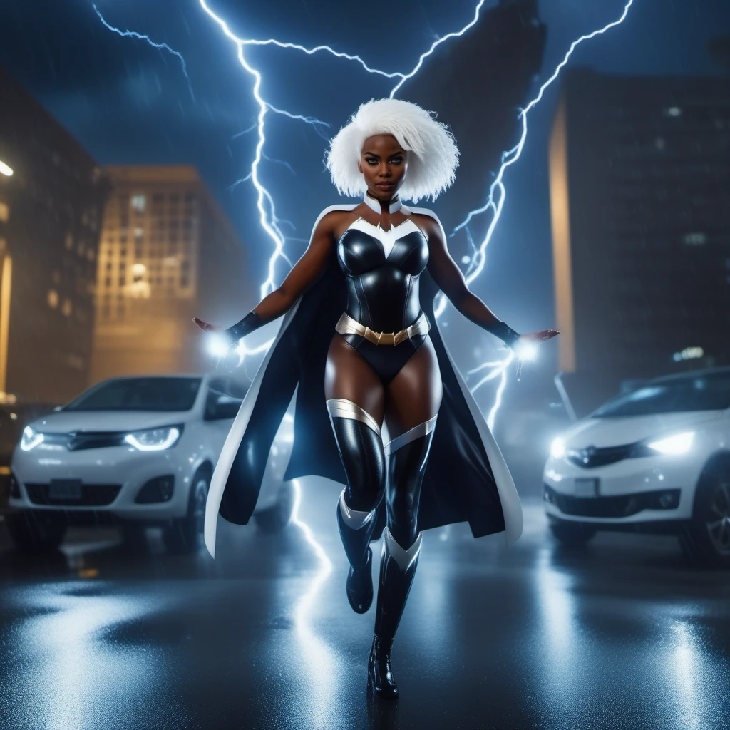 cinematic photo a black woman, full body, with white hair, super hero, storm, white eyes, standing powerfull in the rain, city, drmatic, masterpiece <lora:Storm1024-000105:0.8> . 35mm photograph, film, bokeh, professional, 4k, highly detailed
