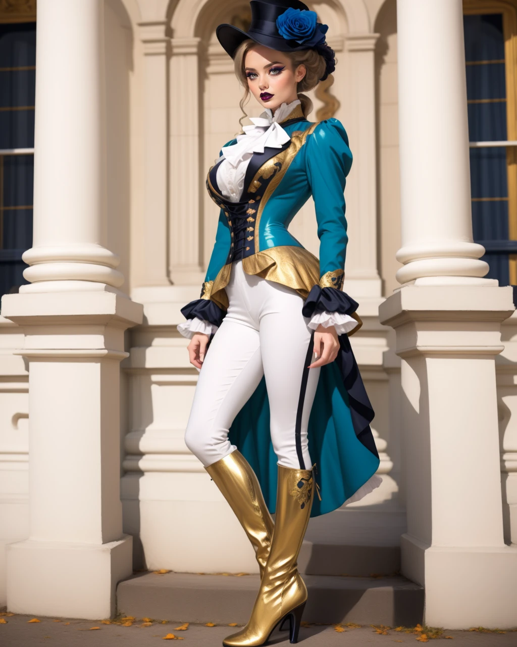 1girl, solo, adult mature woman, high quality, best quality, highres, high detail, <lora:VRO-52:0.75>, r1d3r, (white formal gilded ornate suit), long sleeves, (tailcoat), white pants, ascot, frills, contrapposto, high collar, high heel boots, cuffs, buttons, flower, puffy sleeves, cleavage cutout, breasts apart, corset, parted lips, eyeliner, eyeshadow, makeup, black lips hat,