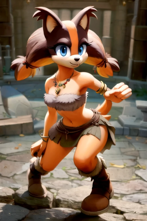 <lora:sticks-the-badger-v1-locon:1> sticks the badger, badger, anthro, fur, 1girl, animal ears, furry female, furry, body fur, badger girl, blue eyes, female, animal nose, tail, orange fur, brown hair, two-tone fur, clothed, clothing , ,necklace,grey bandeau,grey skirt,gold armlet,bracelet,boots, (masterpiece:1.2), best quality, high resolution, unity 8k wallpaper, (illustration:0.8), (beautiful detailed eyes:1.6), extremely detailed face, perfect lighting, extremely detailed CG, (perfect hands, perfect anatomy),