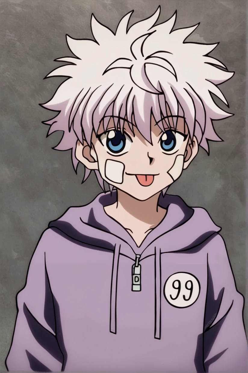 killua_zoldyck, 1boy, solo, looking at viewer, smile, short hair, bangs, blue eyes, closed mouth, white hair, male focus, tongue, artist name, signature, hood, tongue out, grey background, hoodie, bandages, hood down, bandaid, :p, bandaid on face, bandaid on cheek, purple hoodie, score_5_up, hxhanime <lora:xl_char_killua_zoldyck:1.0>