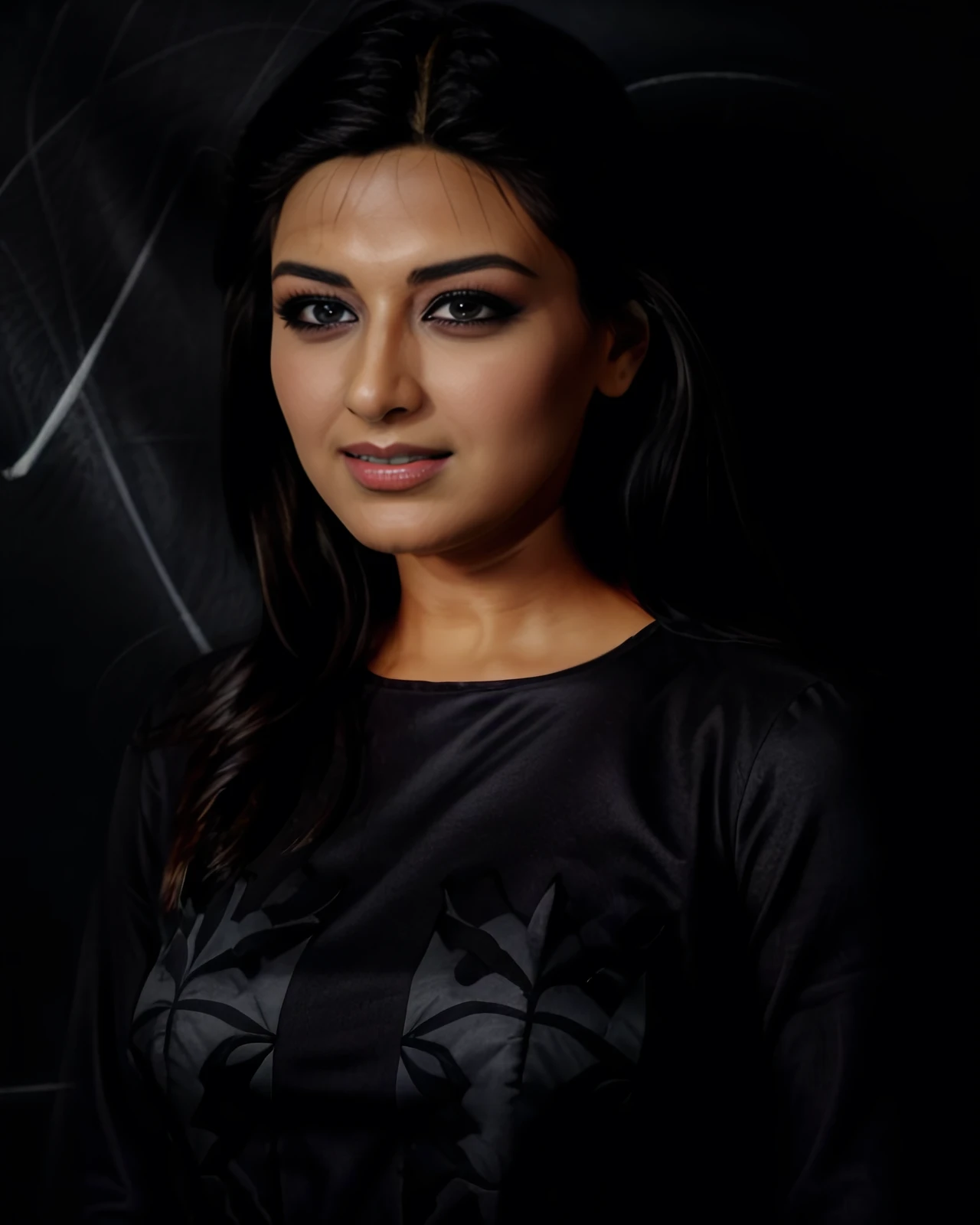photo of sobn woman conservatively dressed woman wearing Charcoal clothing, looking at camera, serious expression, simple background <lora:sobn_Sonali_Bendre_SD15_LoRA_prodigy_local_regs:1>