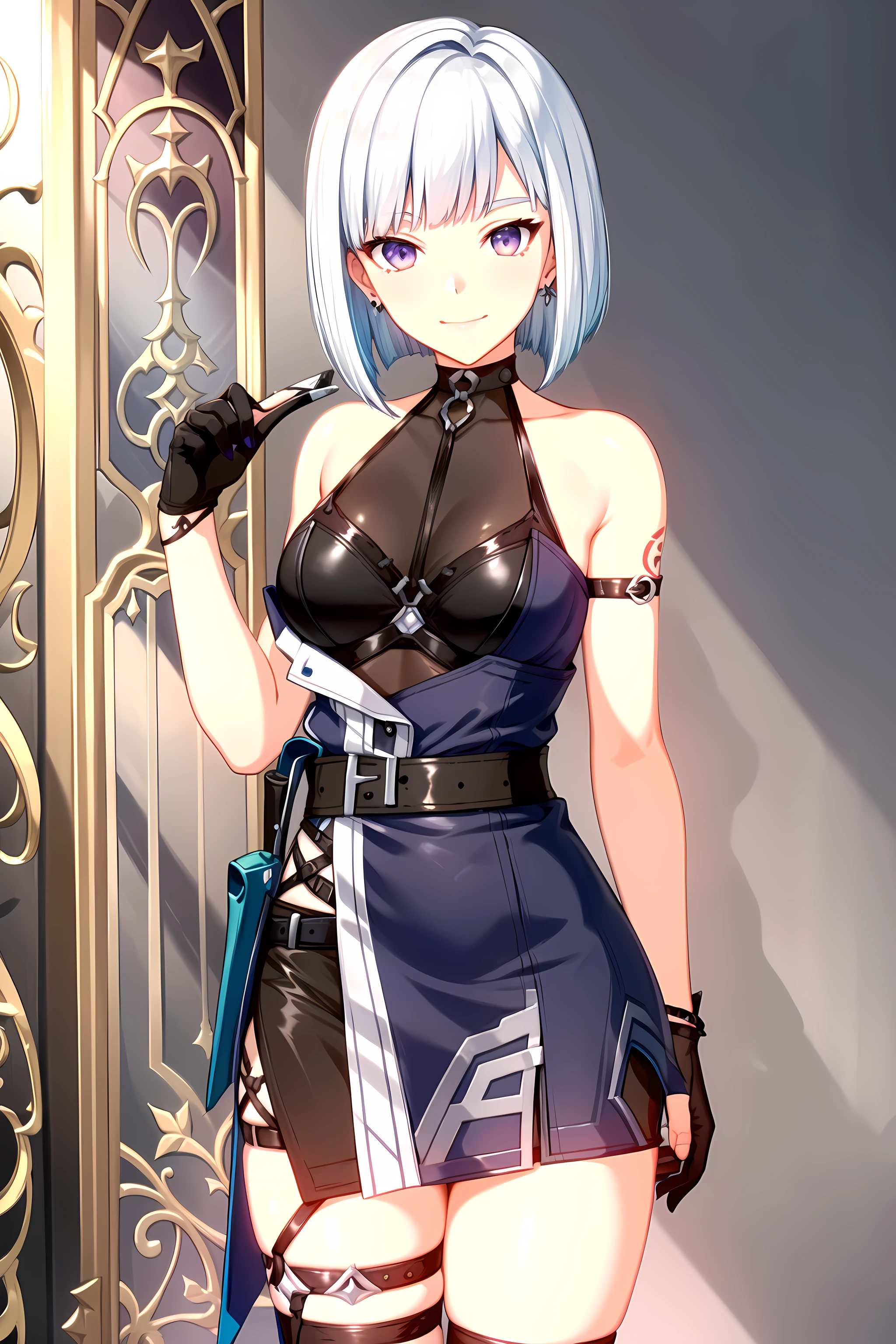 best quality, masterpiece, detailed,
<lora:TowerOfGod_KhunKiseia_TEST:0.8>, KhunKiseia,
1girl, closed mouth, light smile,
blue hair, purple eyes, short hair, blunt bangs, bob cut, tattoo,
assassin dress, jewelry, halterneck, asymmetrical clothes, black belt, thigh strap,
standing, looking at viewer, facing viewer,
simple background